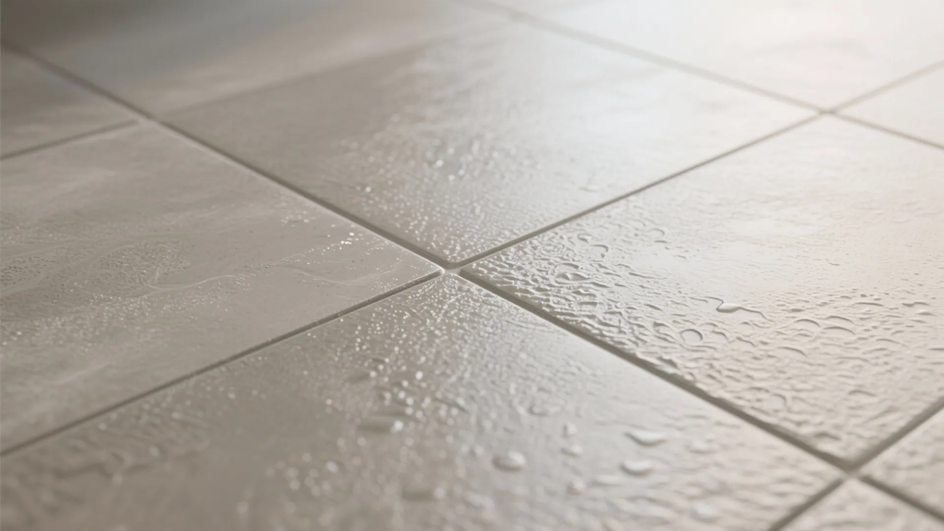 Close up view of light grey floor tiles with water drops showing a slip resistant surface