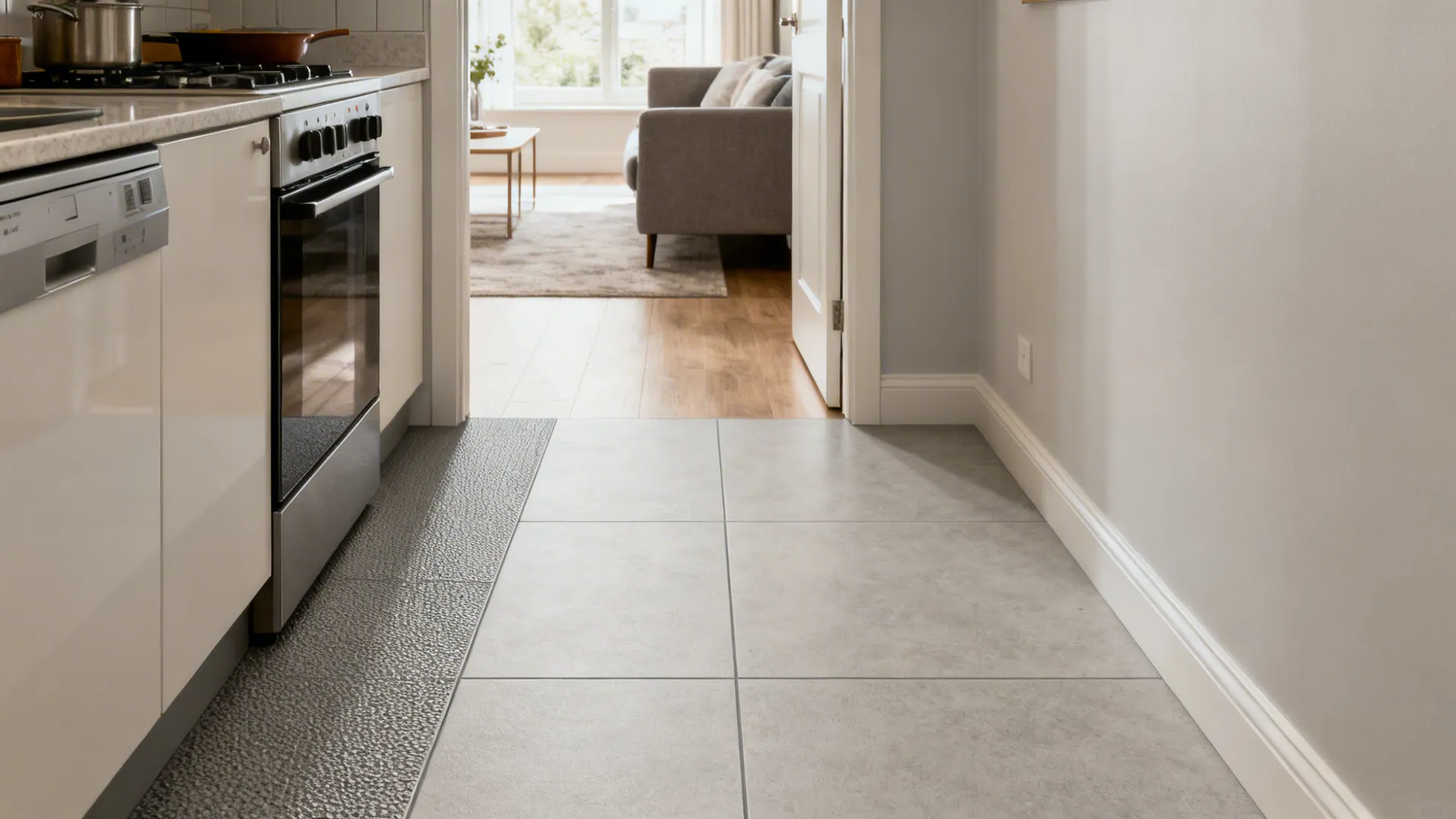 Compact kitchen with slip-resistant porcelain in the cook strip and entry, transitioning to smoother flooring.