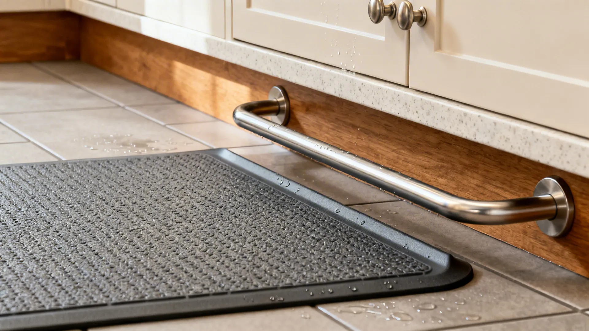 Macro of matte slip-resistant kitchen tile, beveled anti-fatigue mat, and stainless grab bar near sink.