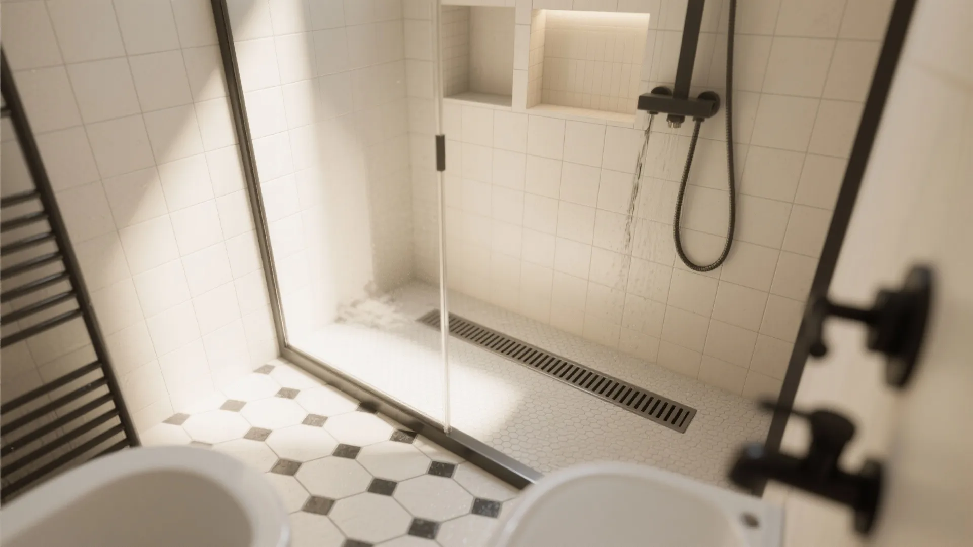 Close up of a shower area with hexagonal floor tiles, black shower head, and water drain