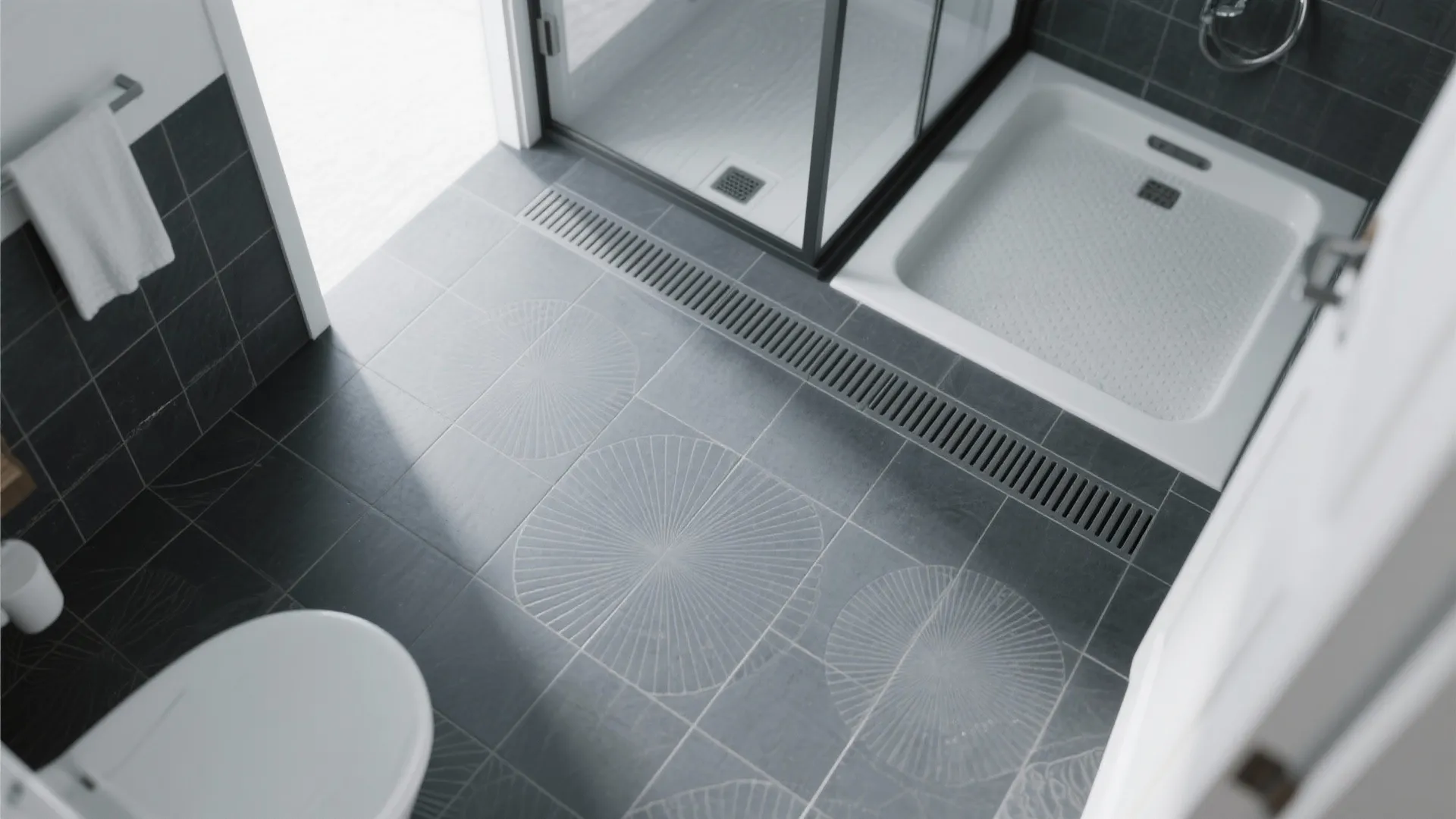 Top-down view of matte porcelain bathroom floor with subtle scale geometry extending into a curbless shower.