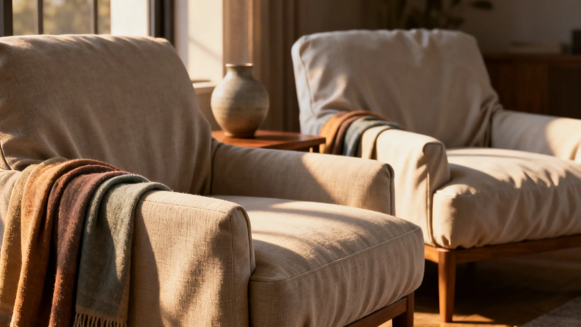 Slipcovered accent chair close-up showing fabric texture and fit comparison.