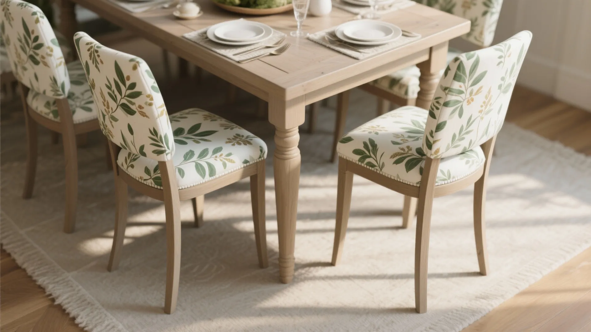 Dining table with white chairs featuring green leaf patterns on a light rug with sunlight