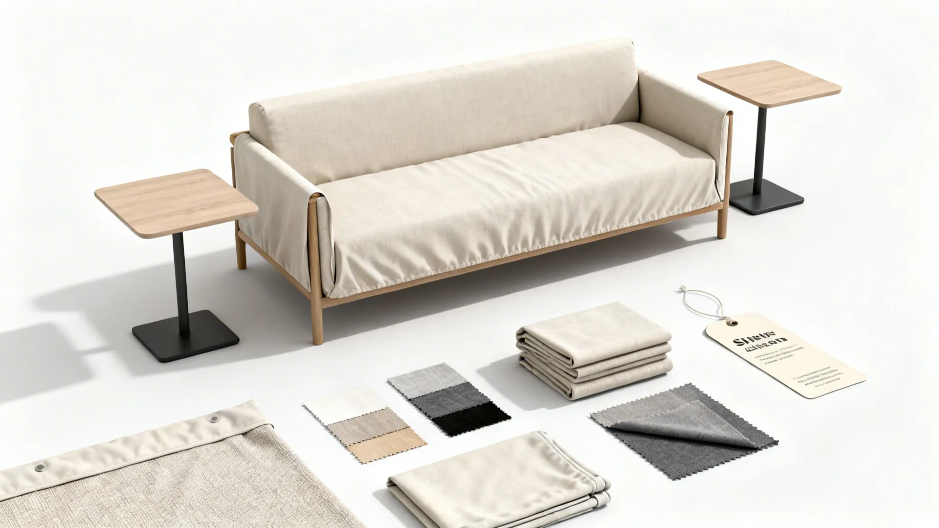 Slipcover-friendly couch frame with side tables, fabric swatches and folded slipcovers.