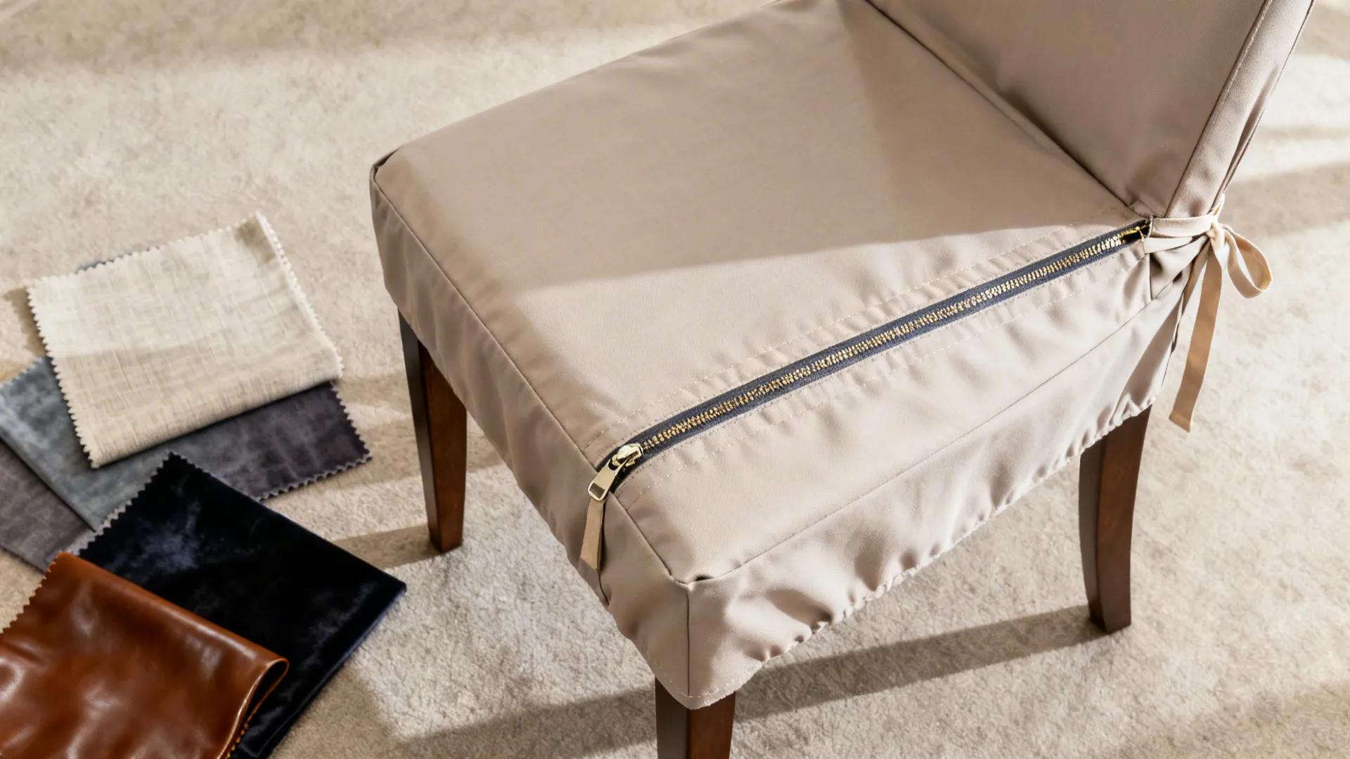 Top-down view of a dining chair being fitted with a removable slipcover with fabric swatches and visible zipper and ties.