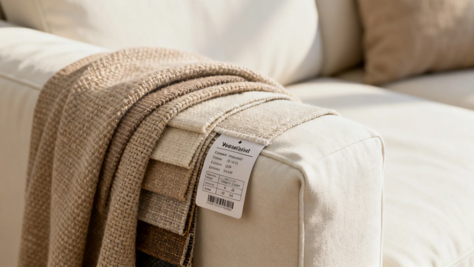 Washable slipcover and stain-resistant fabric swatches for protecting an off-white couch.