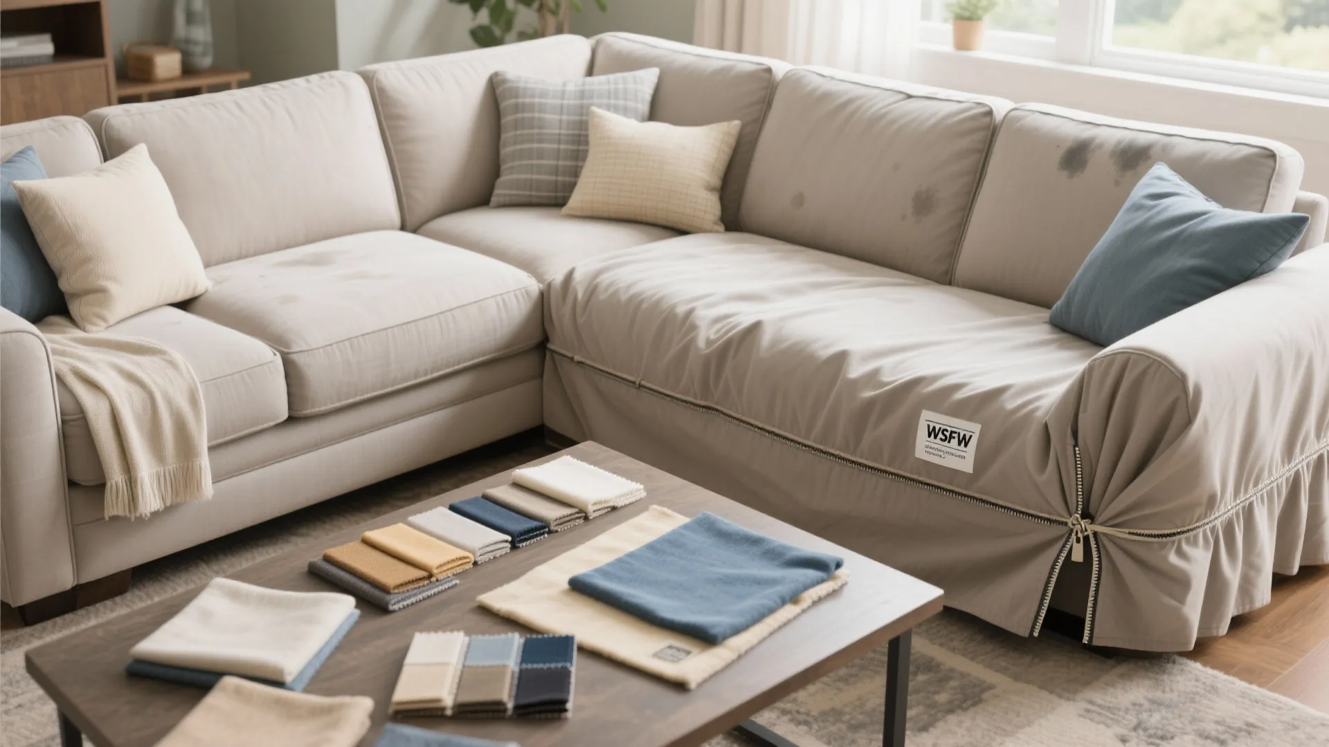 Beige sofa with colorful pillows and fabric swatches on a dark wood coffee table surface