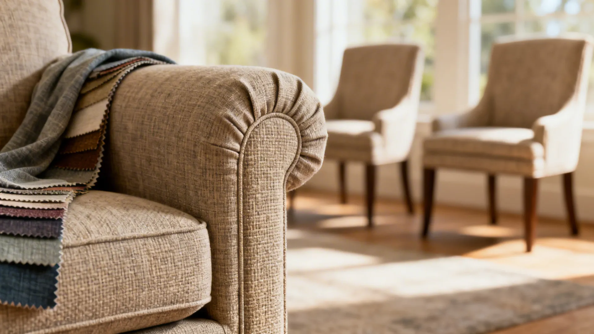 Close-up of a traditional sofa with a fitted slipcover and fabric swatches for fittings.