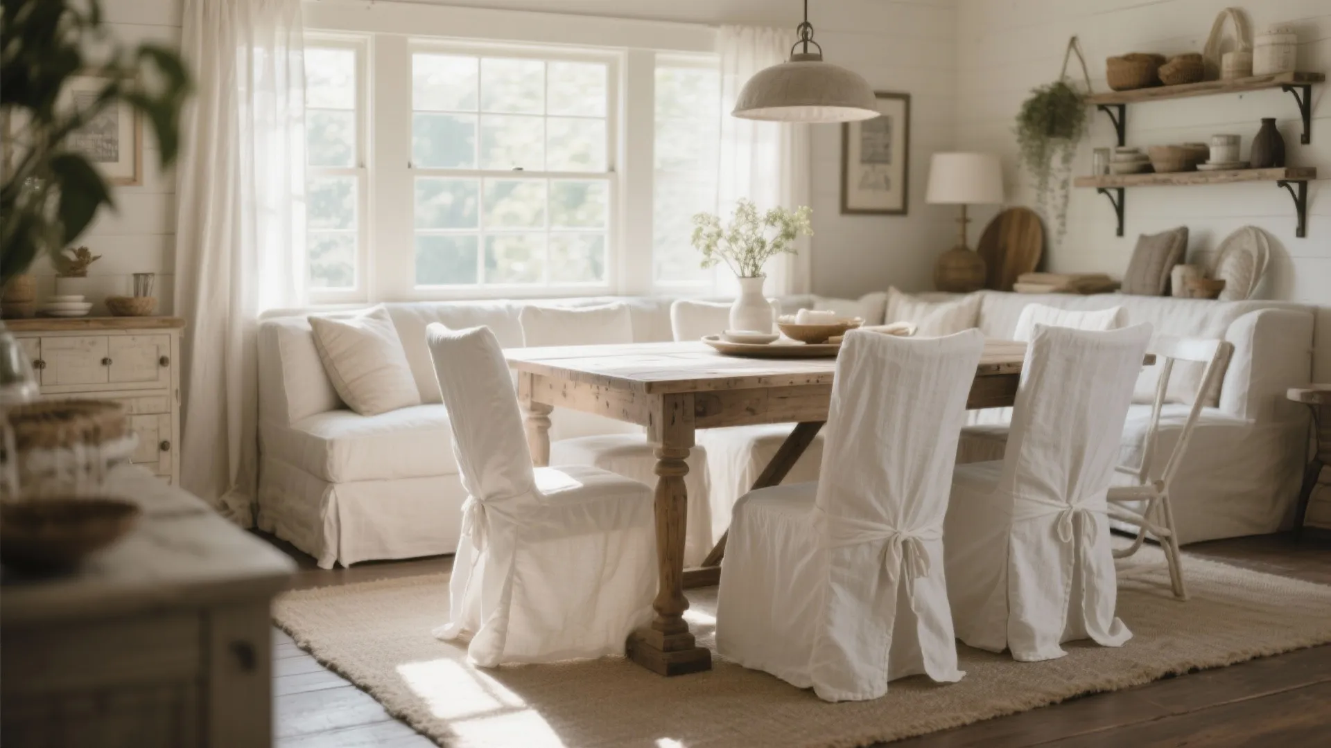 Farmhouse dining room featuring a wooden table with white fabric slipcovered chairs and natural light