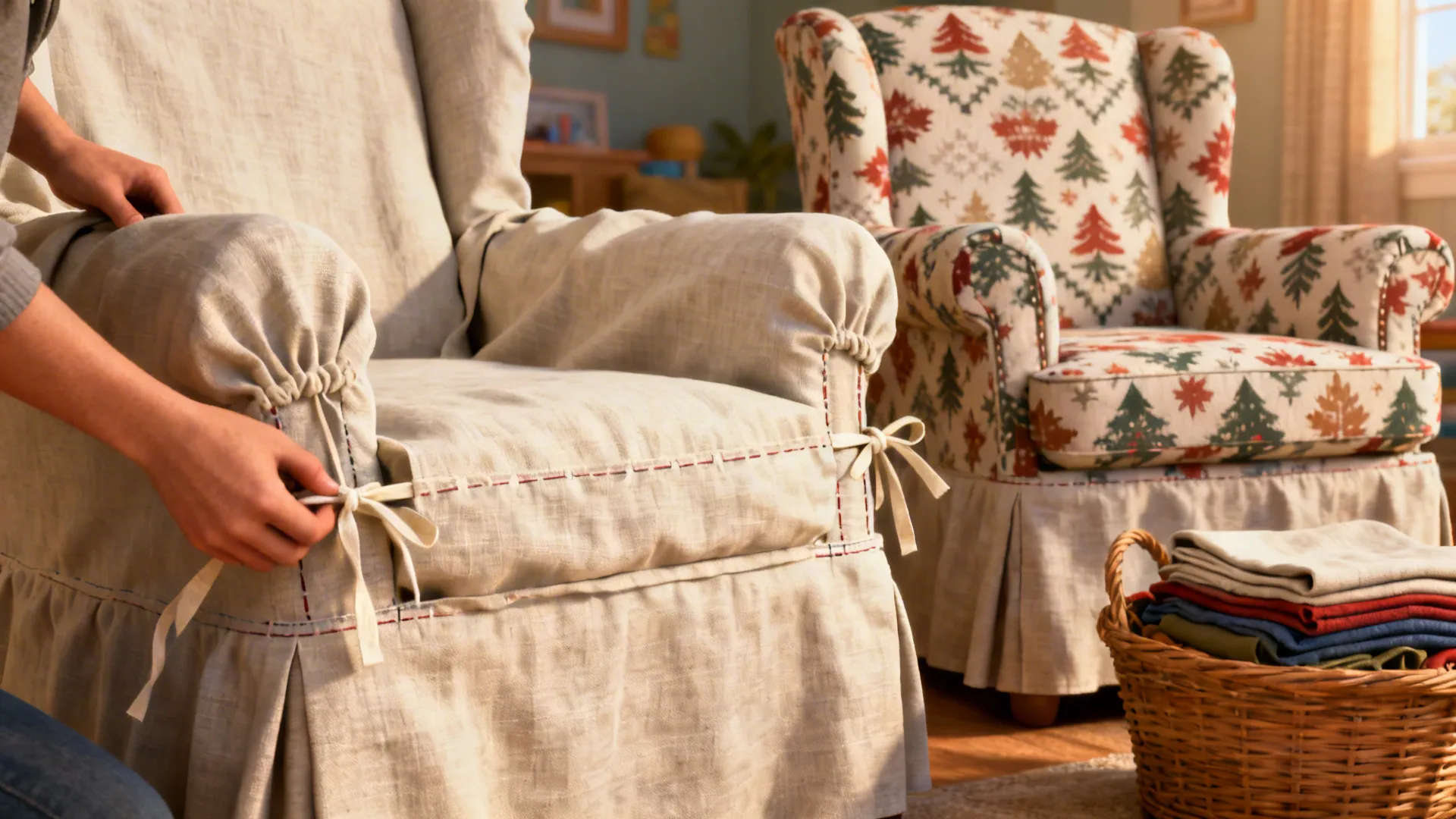 Pair of slipcovered chairs with removable covers and a basket of extra covers for easy refreshes.