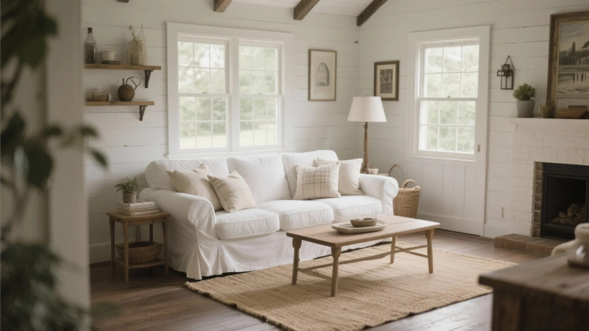 Bright living room with white sofa wooden coffee table natural rug and large sunny windows