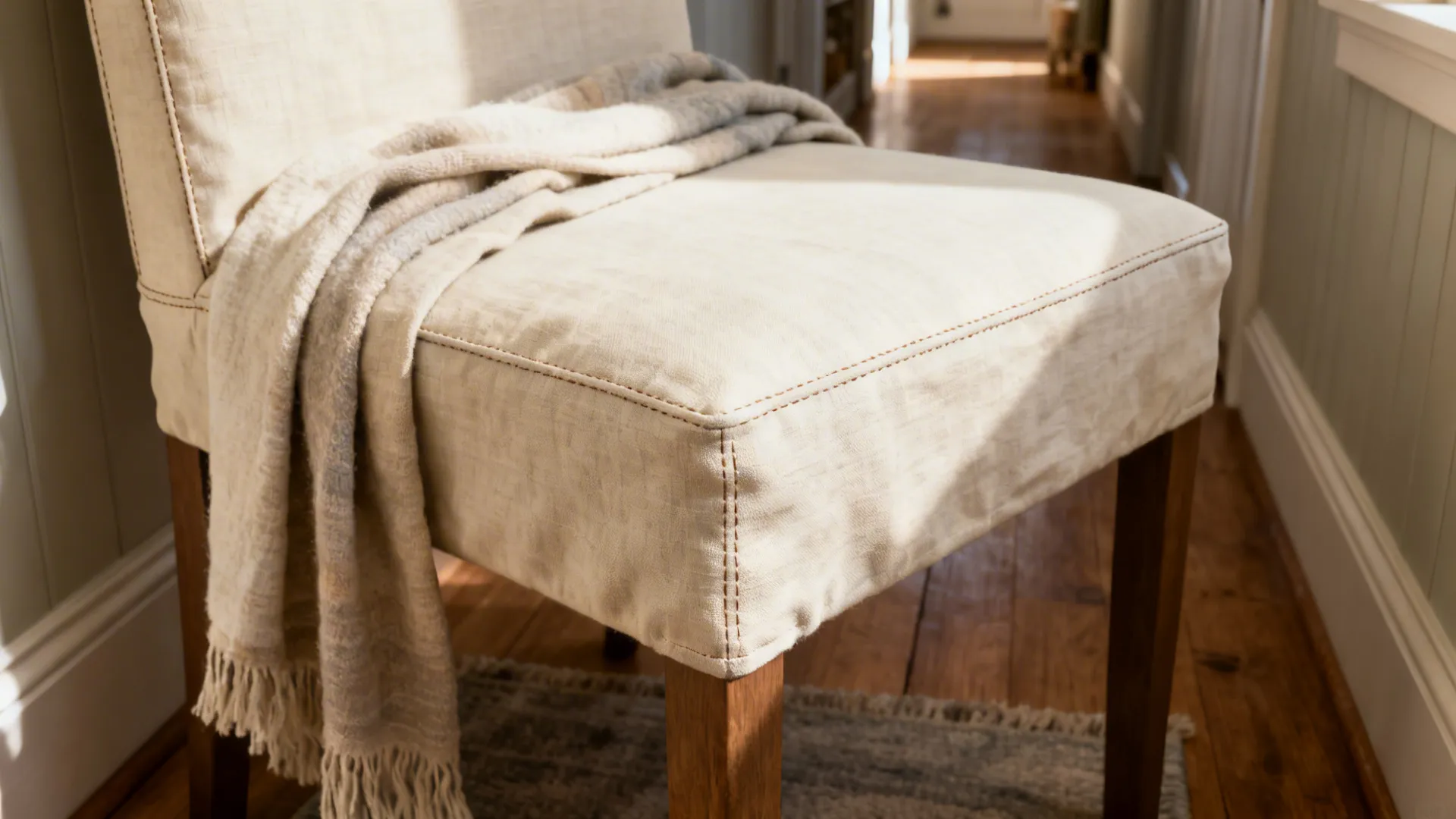 Close-up of a linen slipcovered Parsons chair in a farmhouse living room showing fabric texture and tailoring.