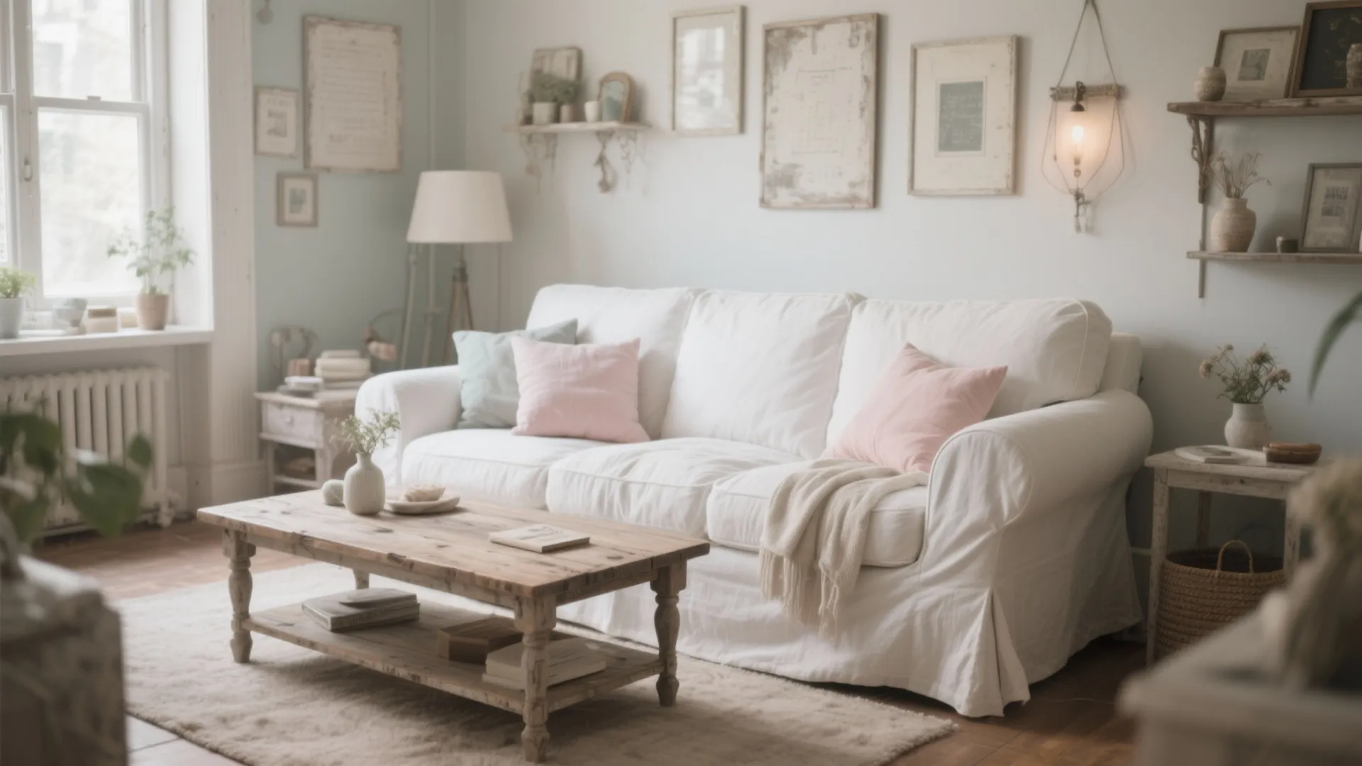 White slipcovered sofa with pastel pillows in a shabby chic living room