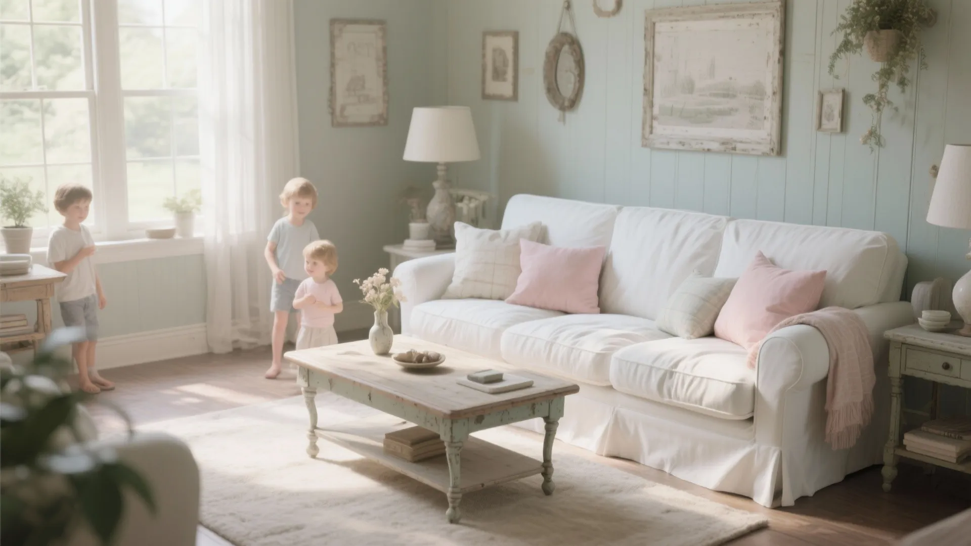 White slipcovered sofa with pastel pillows in a shabby chic living room