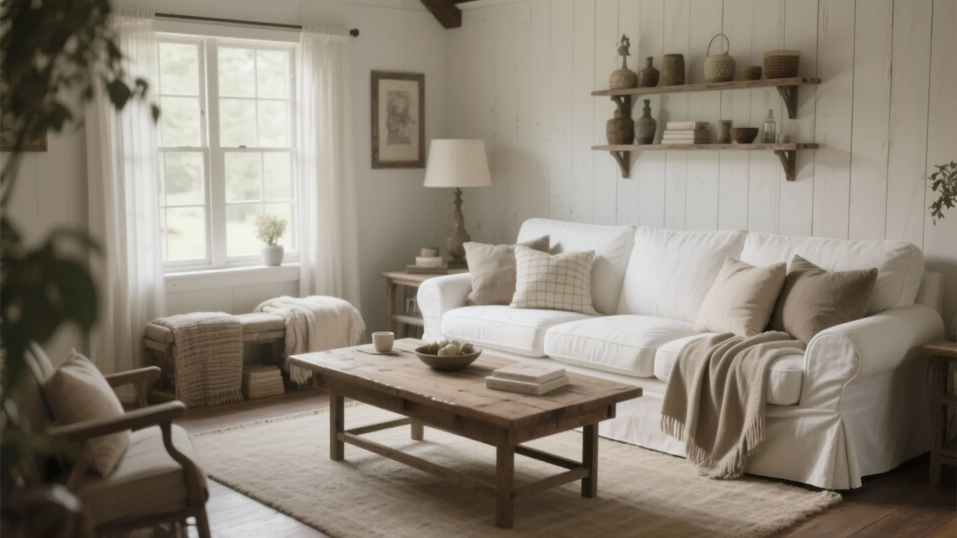 White sofa in farmhouse living room with wooden coffee table white wall panel and shelves