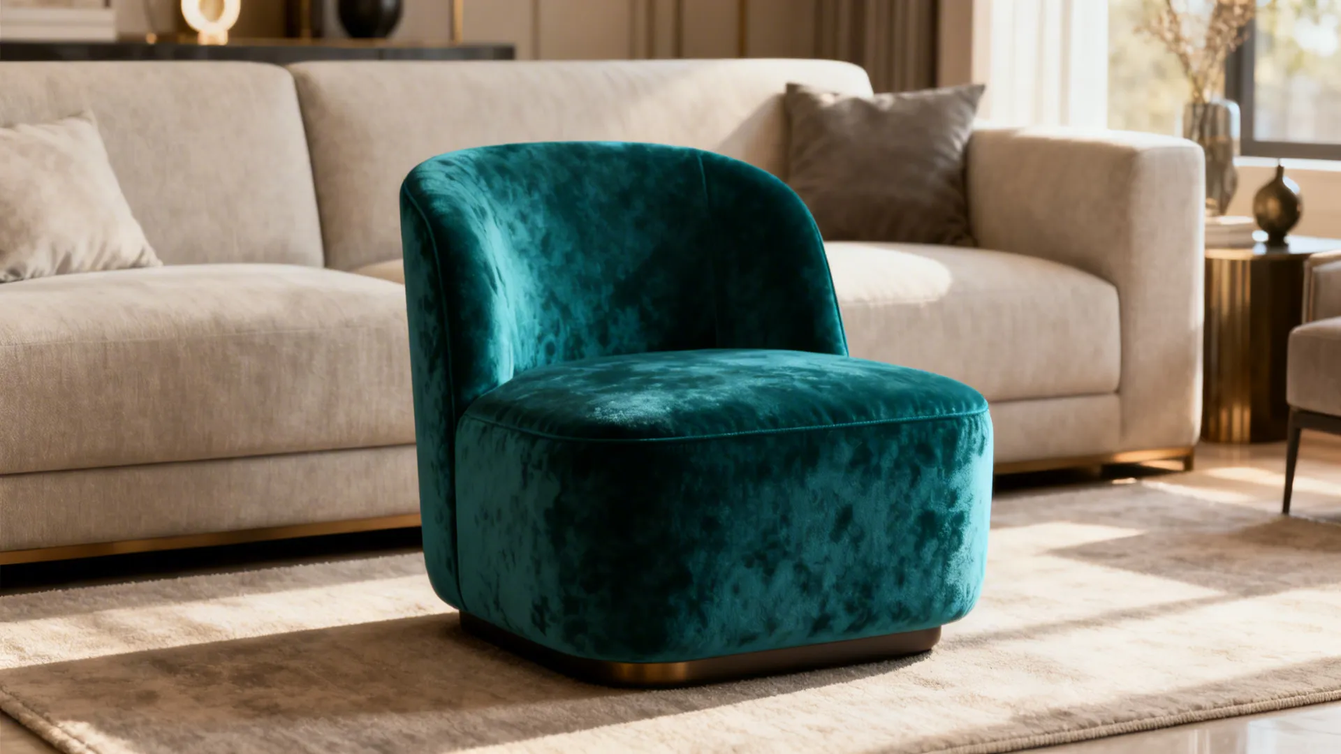 Jewel-toned slipper chair as a bold focal point in a neutral small living room.