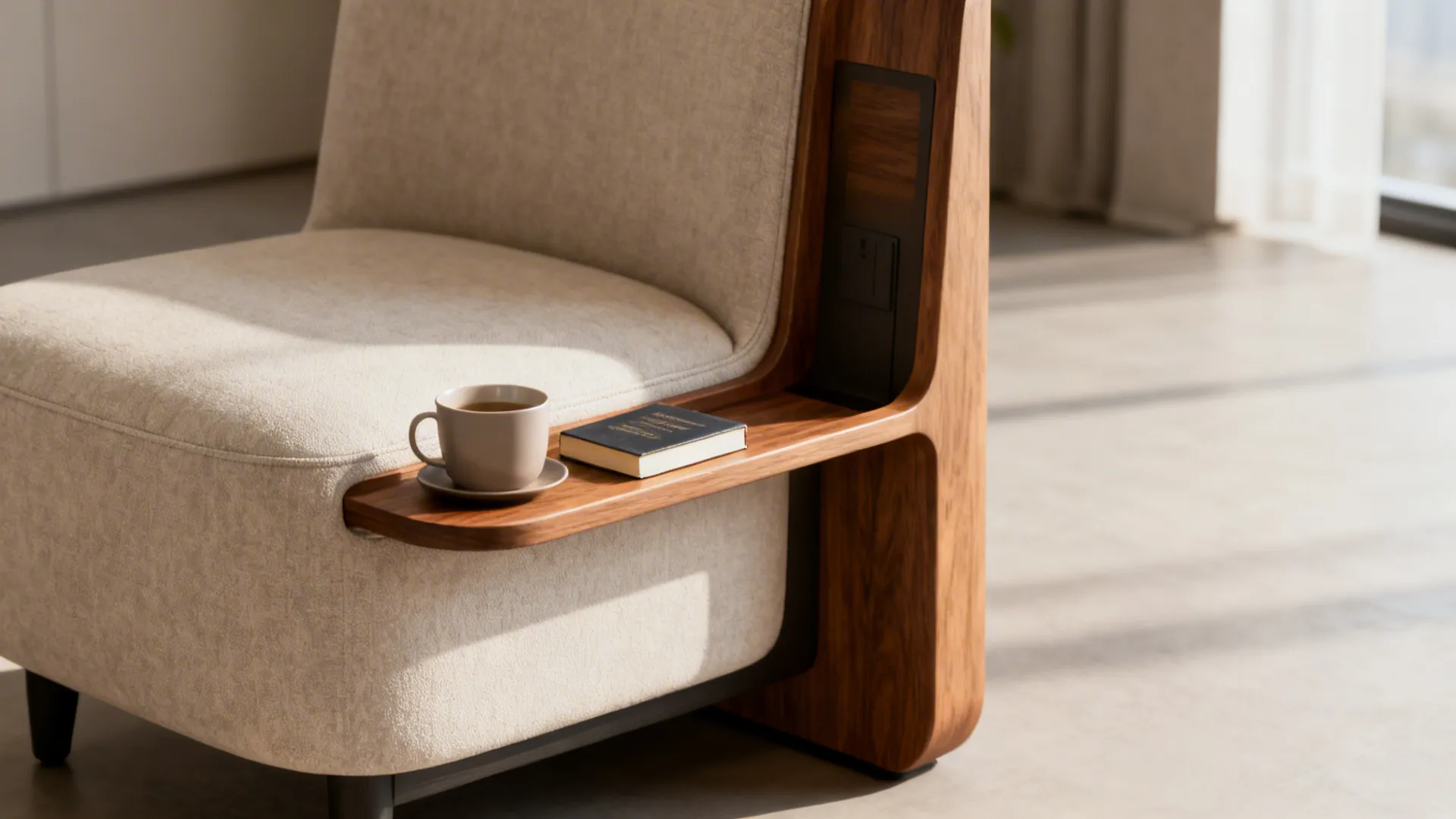 Beige upholstered chair with built-in wooden side table holding a coffee cup and small book