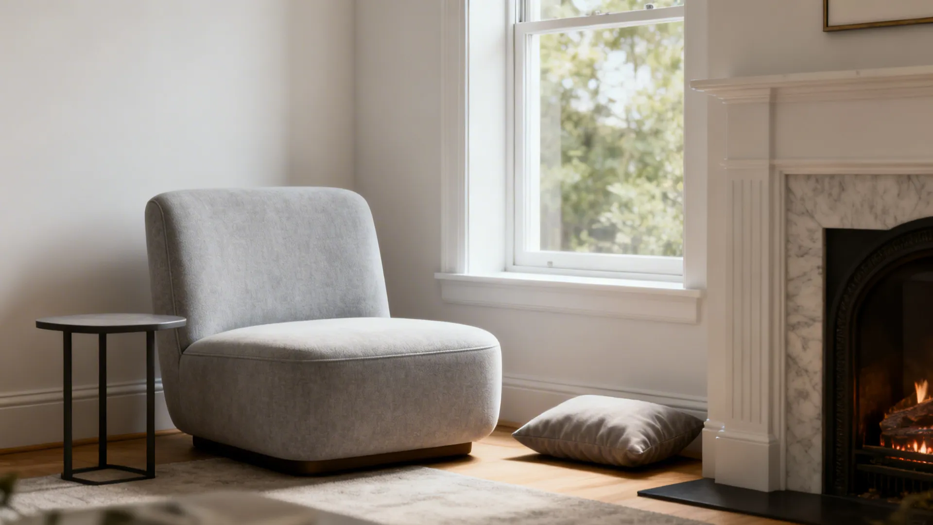Low-profile slipper chair near a window and fireplace, keeping sightlines open.