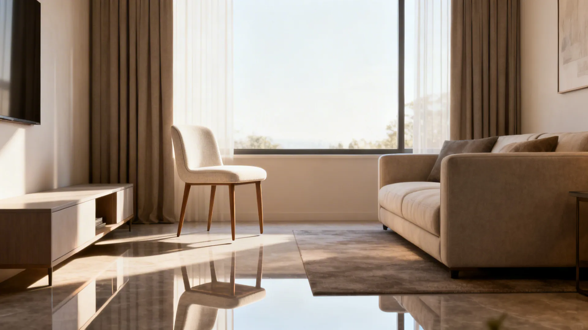 Armless slipper chair opposite a sofa in a small living room, showing a slim profile and clear walkways.