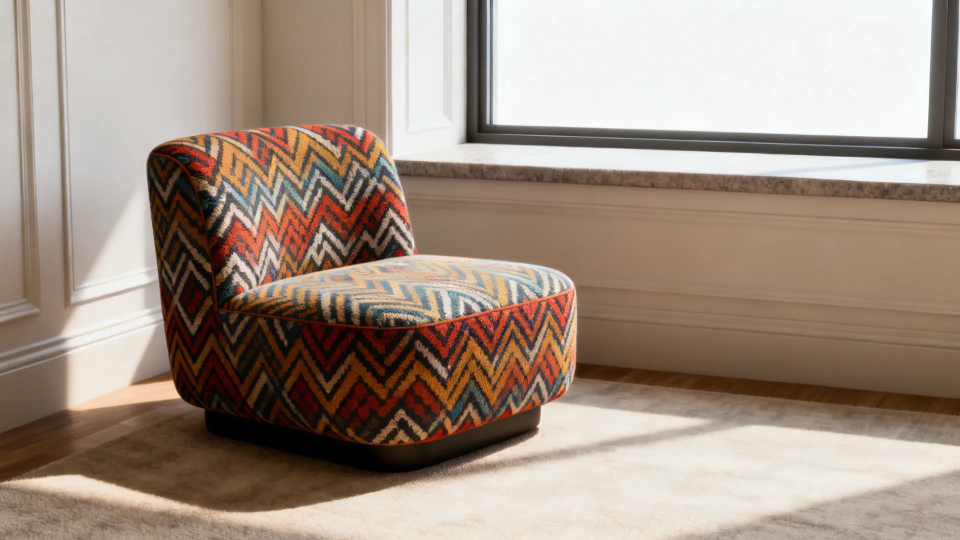 Armless upholstered slipper chair with bold fabric tucked beside a window in a compact room.
