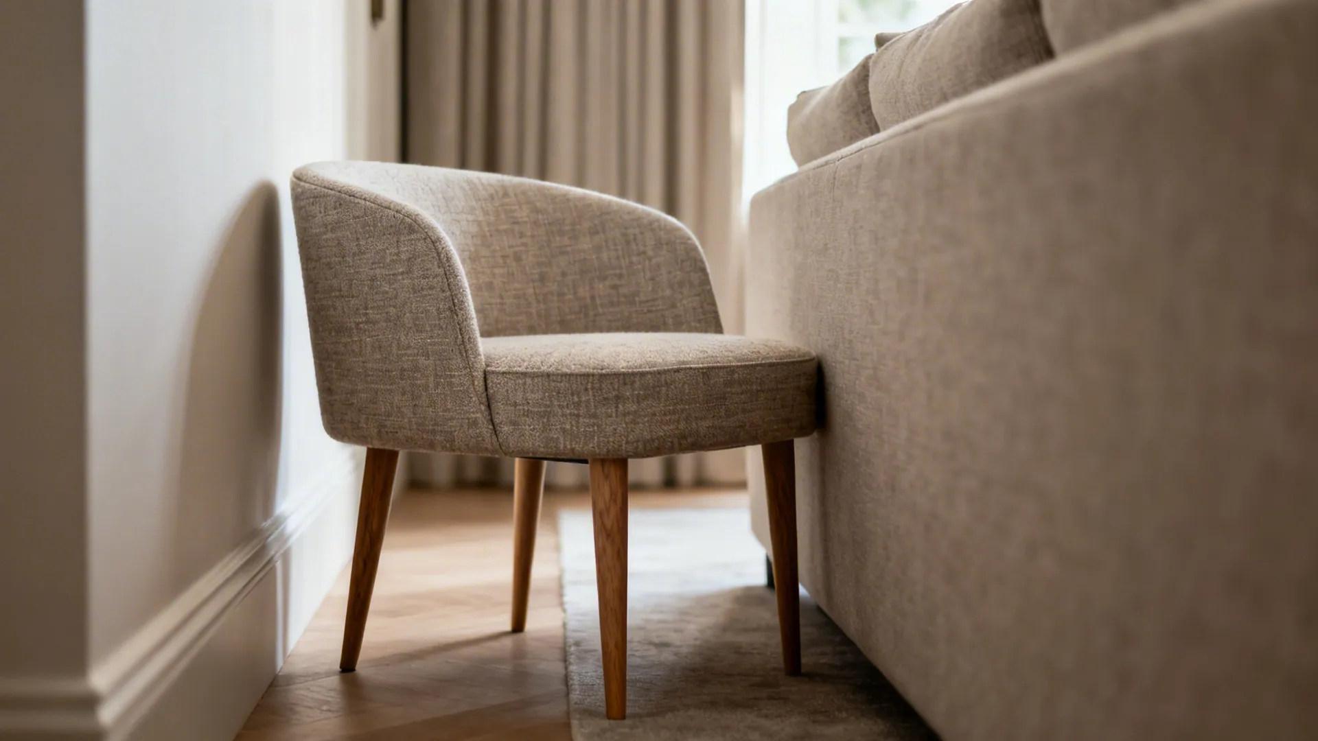 Close-up of a slim slipper chair with armless silhouette and exposed legs beside a sofa.