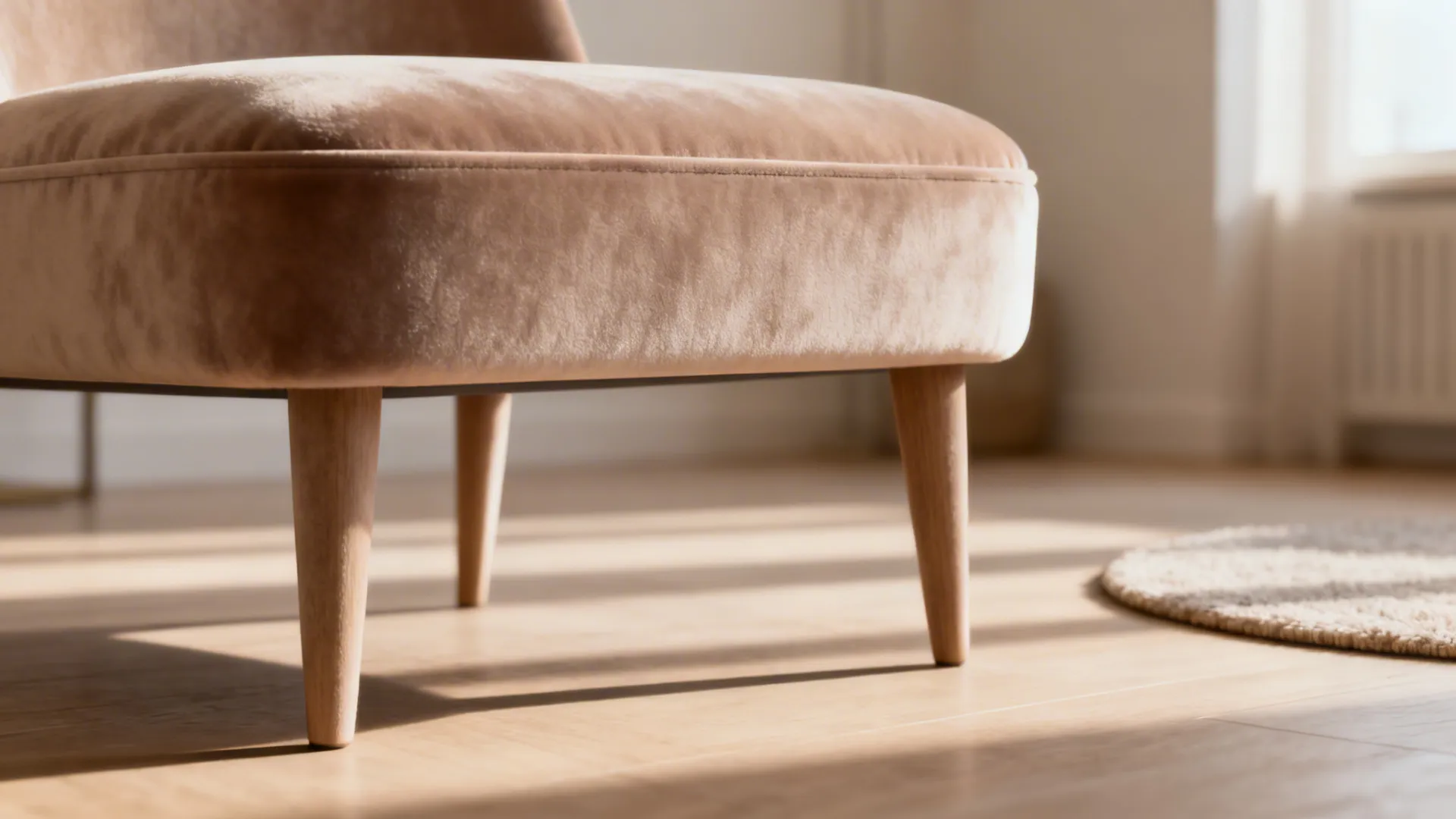 Velvet slipper chair with tapered legs shown in a small living area, highlighting fabric and silhouette.