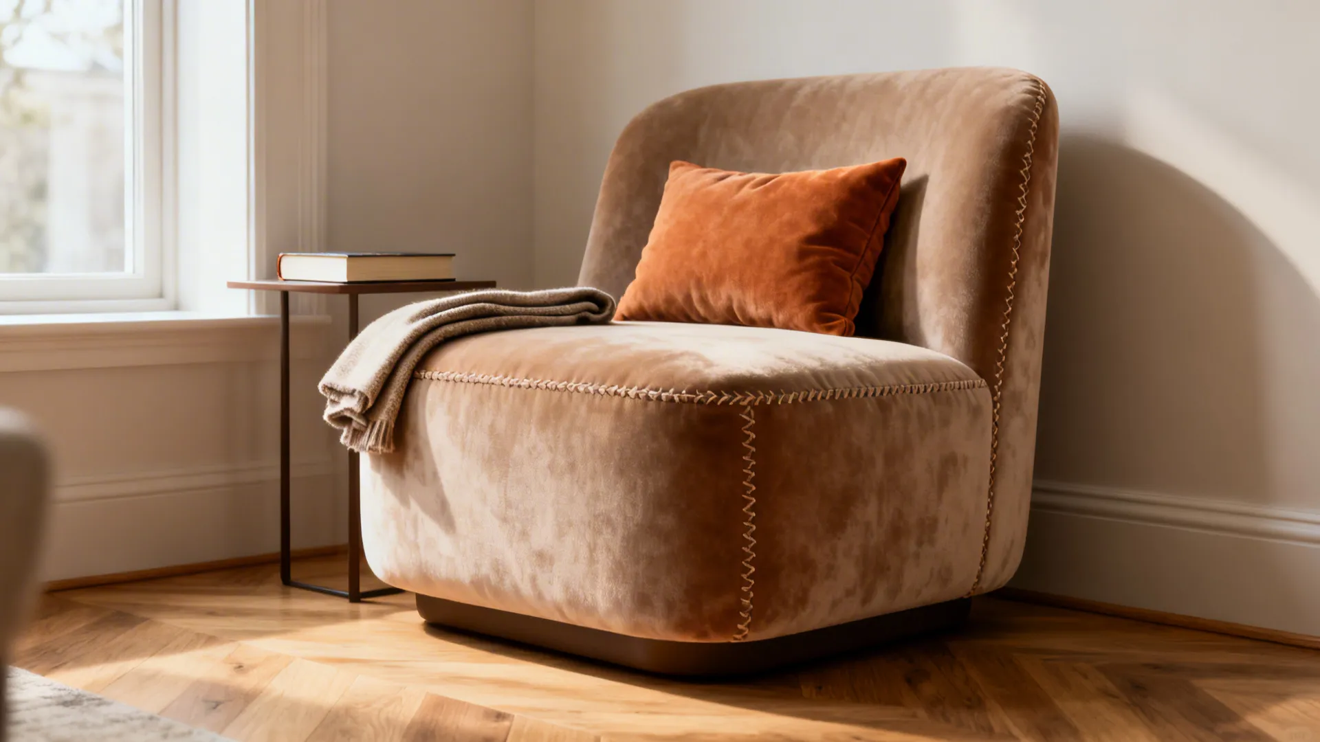 Low-profile slipper chair with velvet upholstery and lumbar pillow in a compact living room corner.