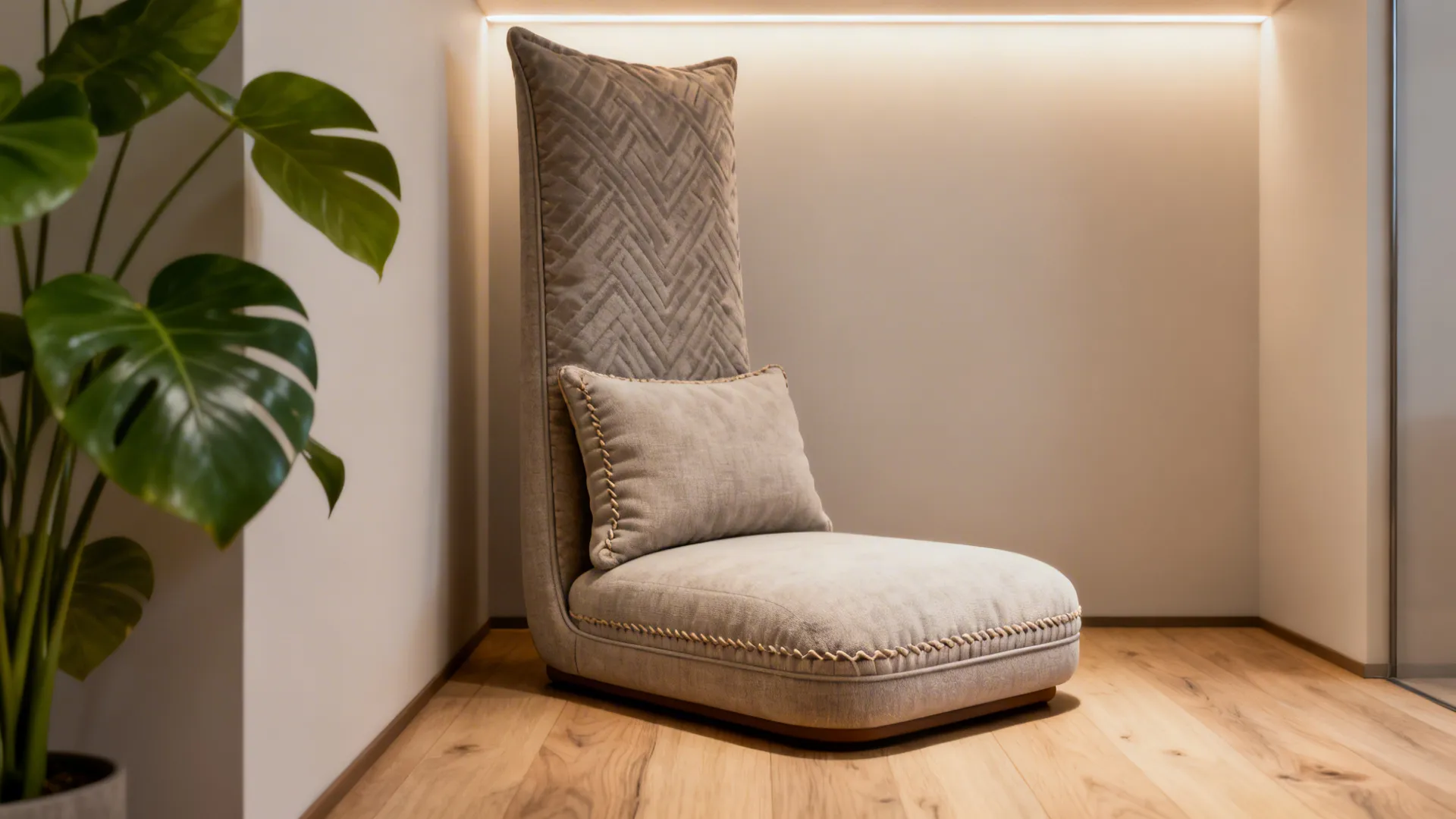 Slim slipper chair with a custom lumbar cushion in a compact living area.