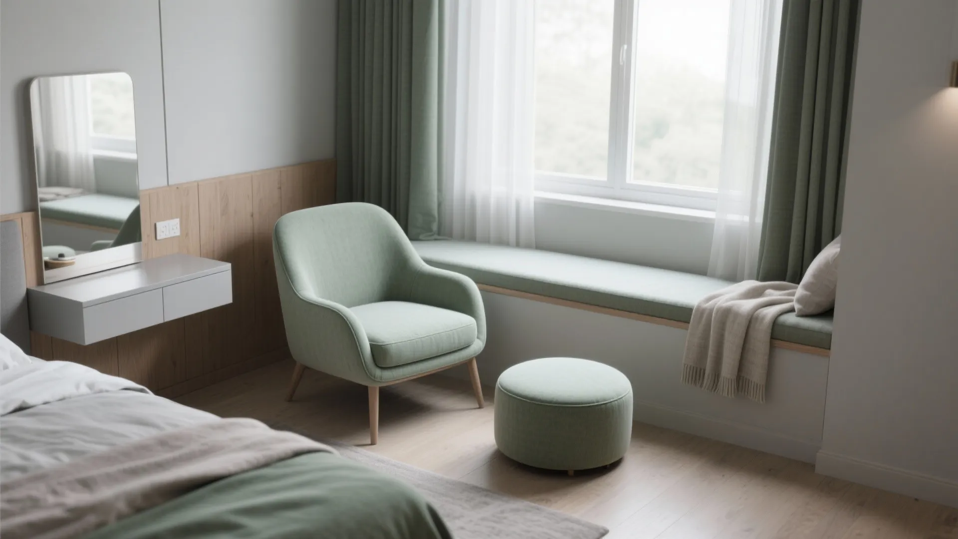 Light green armchair and round footrest next to a window seat with curtains and mirror