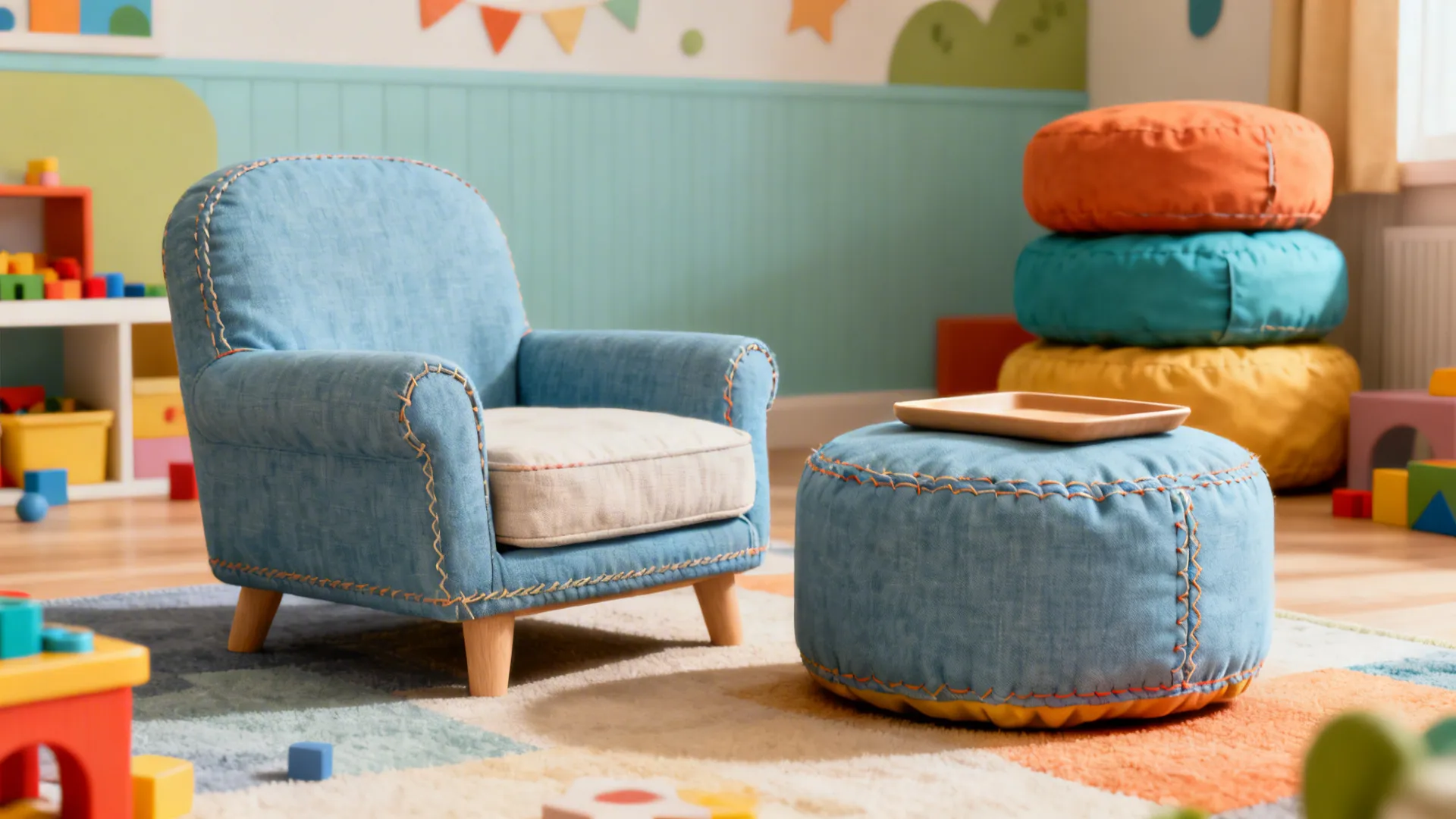 Low slipper chair with a movable pouf ottoman used as seating or tray surface