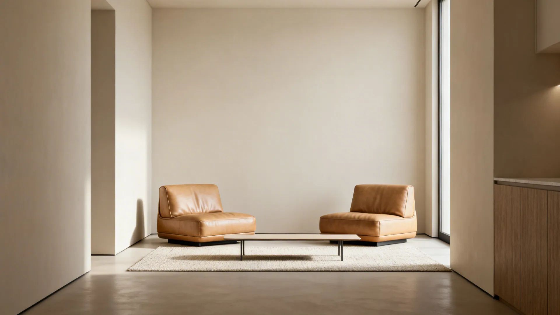 Minimalist micro-apartment corner with two low armless beige leather slipper chairs and a narrow coffee table