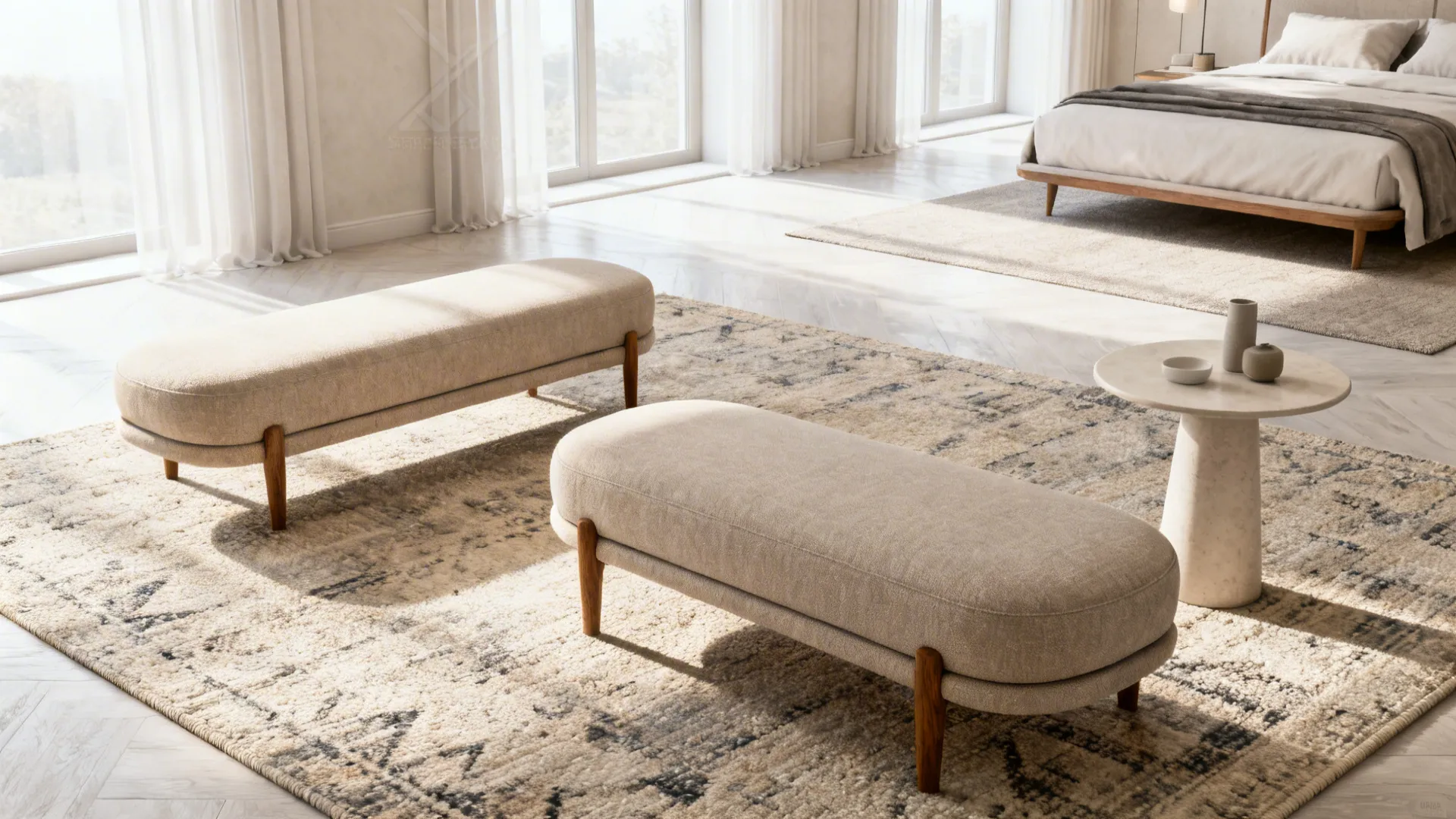 Two slim slipper chairs with a small round table and rug in a master bedroom.