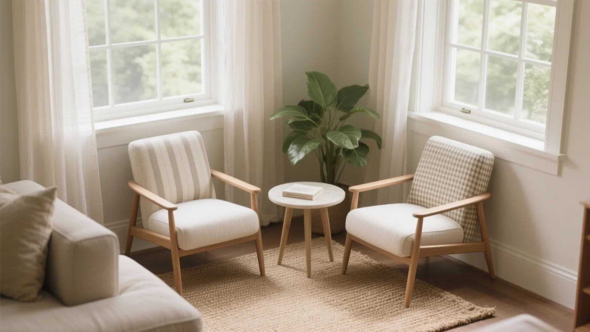 Cozy corner with two wooden chairs, small round table, green plant, and bright natural window light