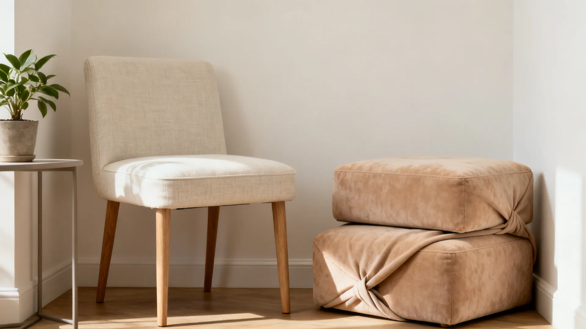 Slim-profile slipper chair with two nesting ottomans in a compact living nook.