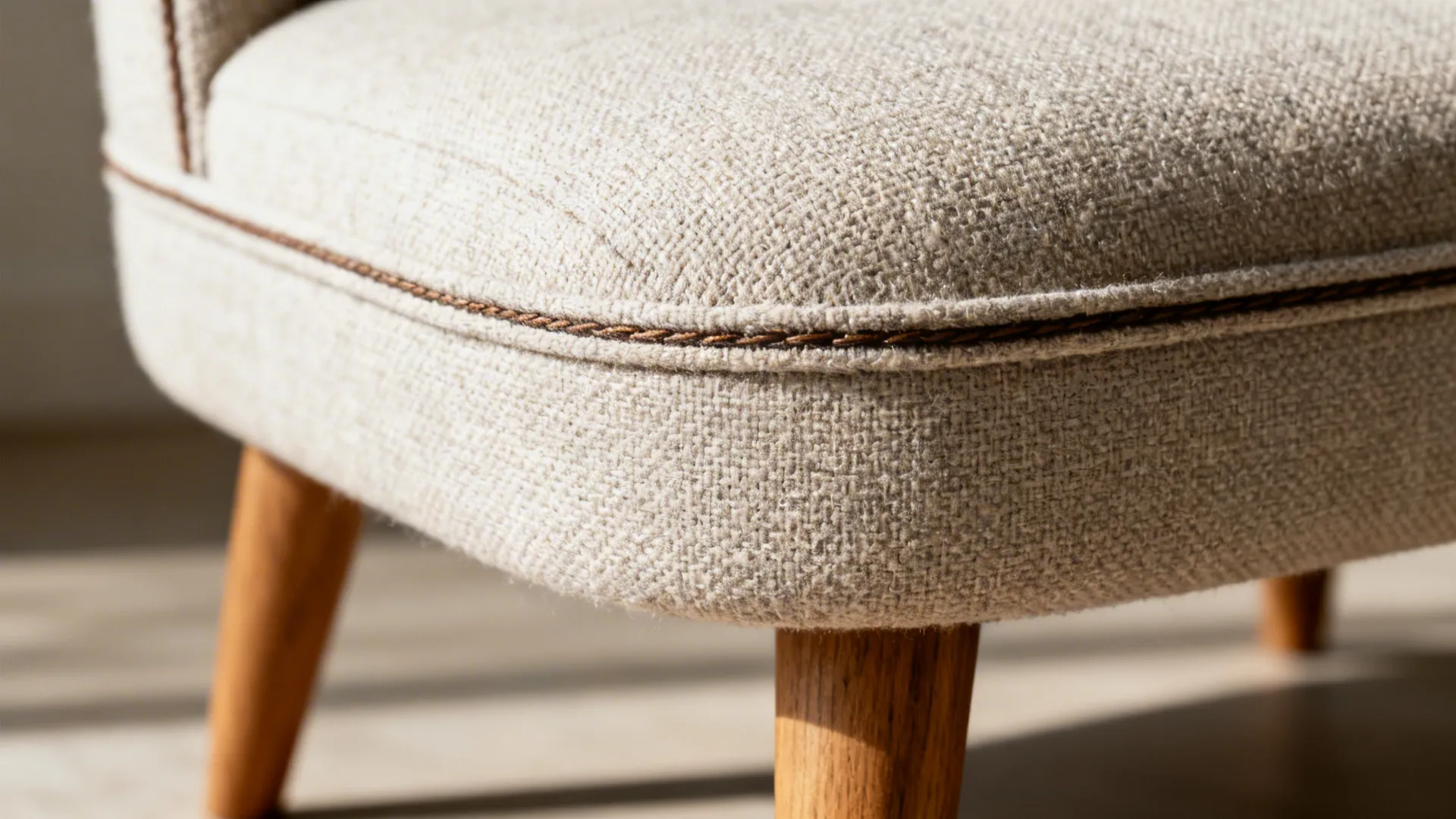 Close-up of tight-weave fabric and tapered oak leg on an armless slipper chair.