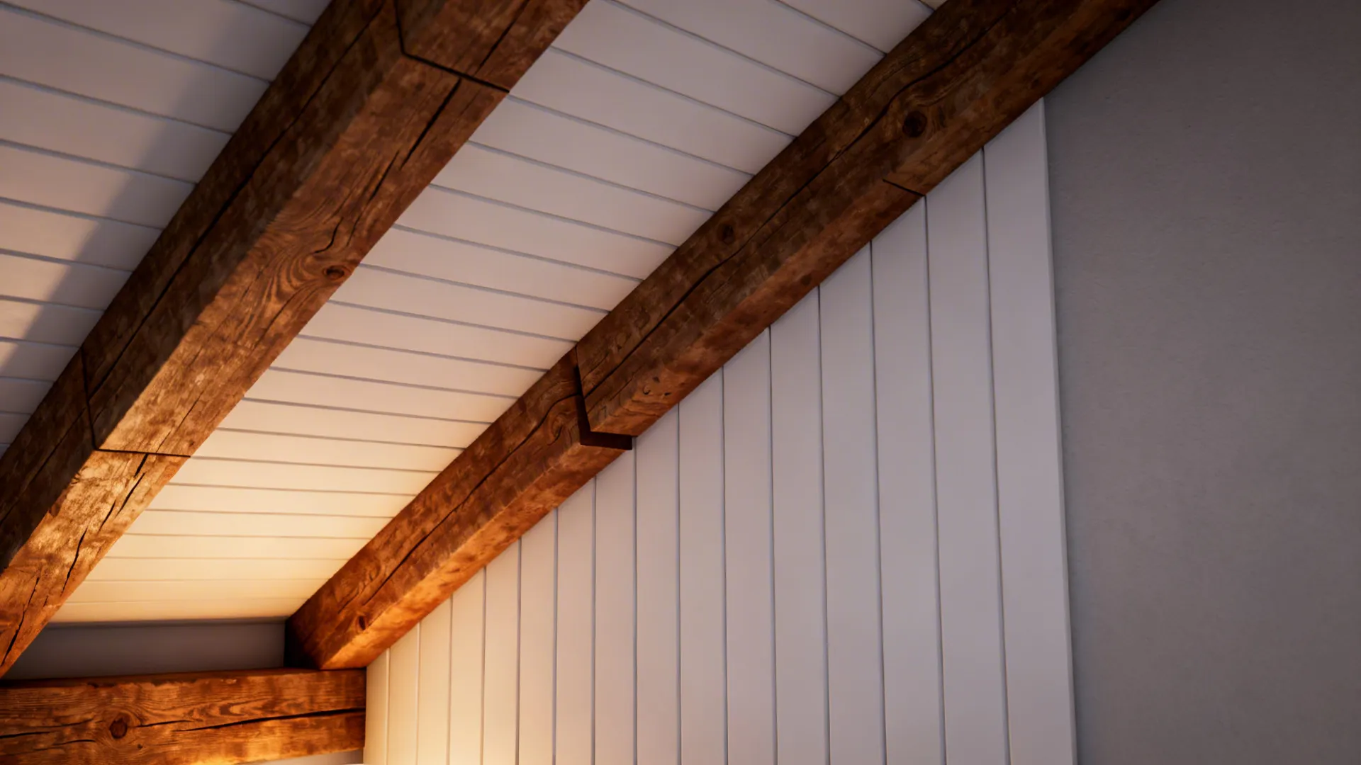 Dark wooden beams on a white paneled sloped ceiling next to a white wall panel