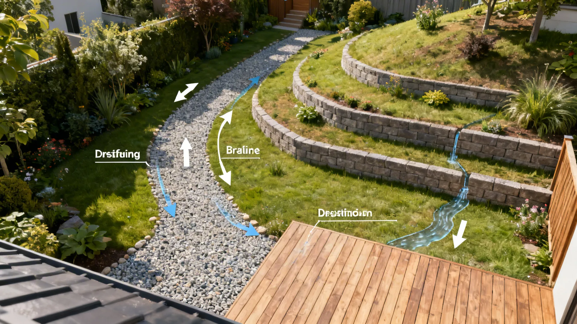 Top-down diagram photo showing terraces, drainage, path and deck on a sloped backyard.
