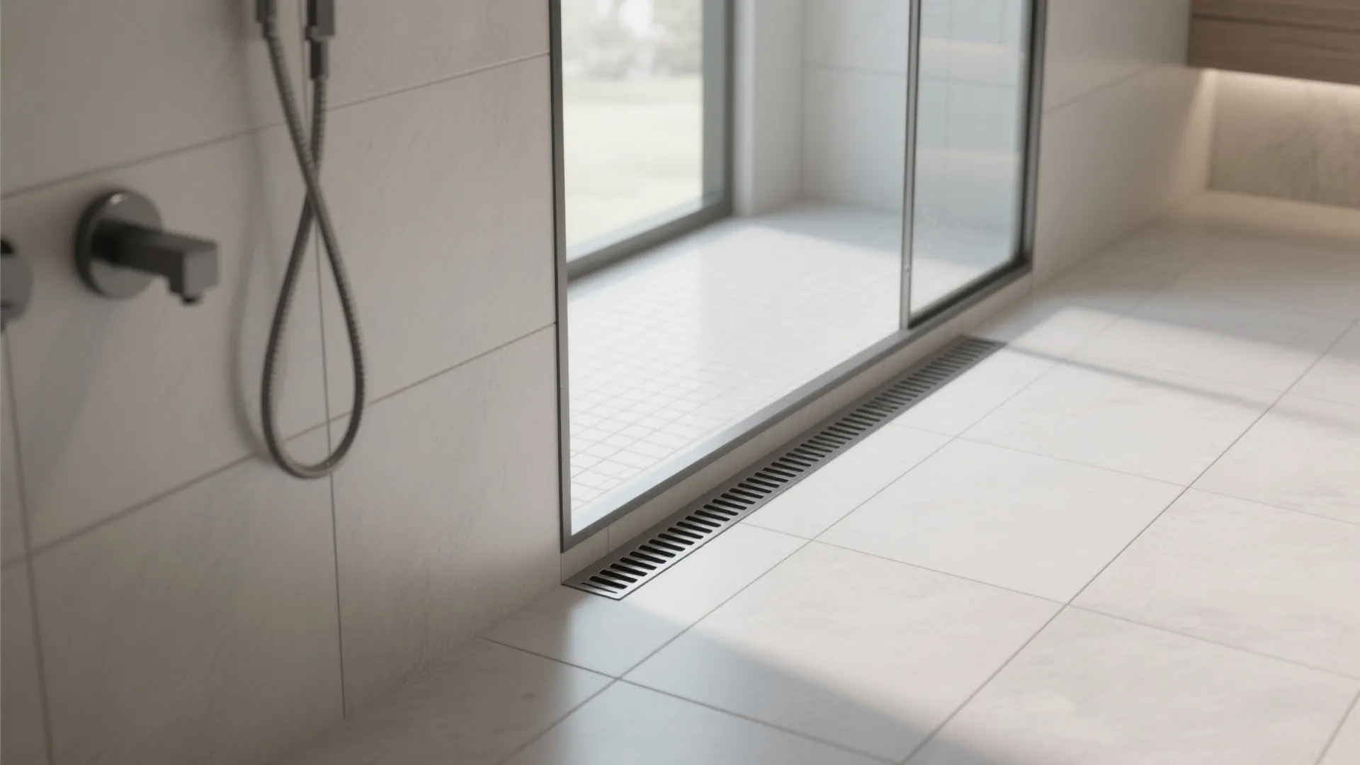 Modern bathroom shower area with white tile floor and a long metal floor drain grate