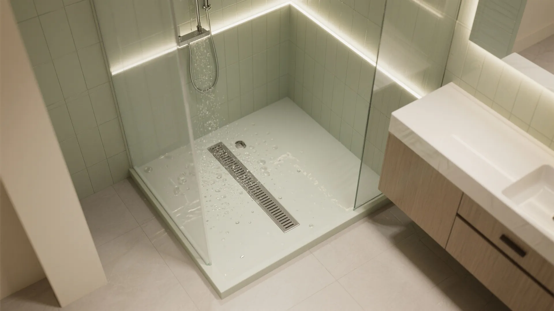 Modern walk-in shower area with glass walls green tiles long floor drain and wooden cabinet