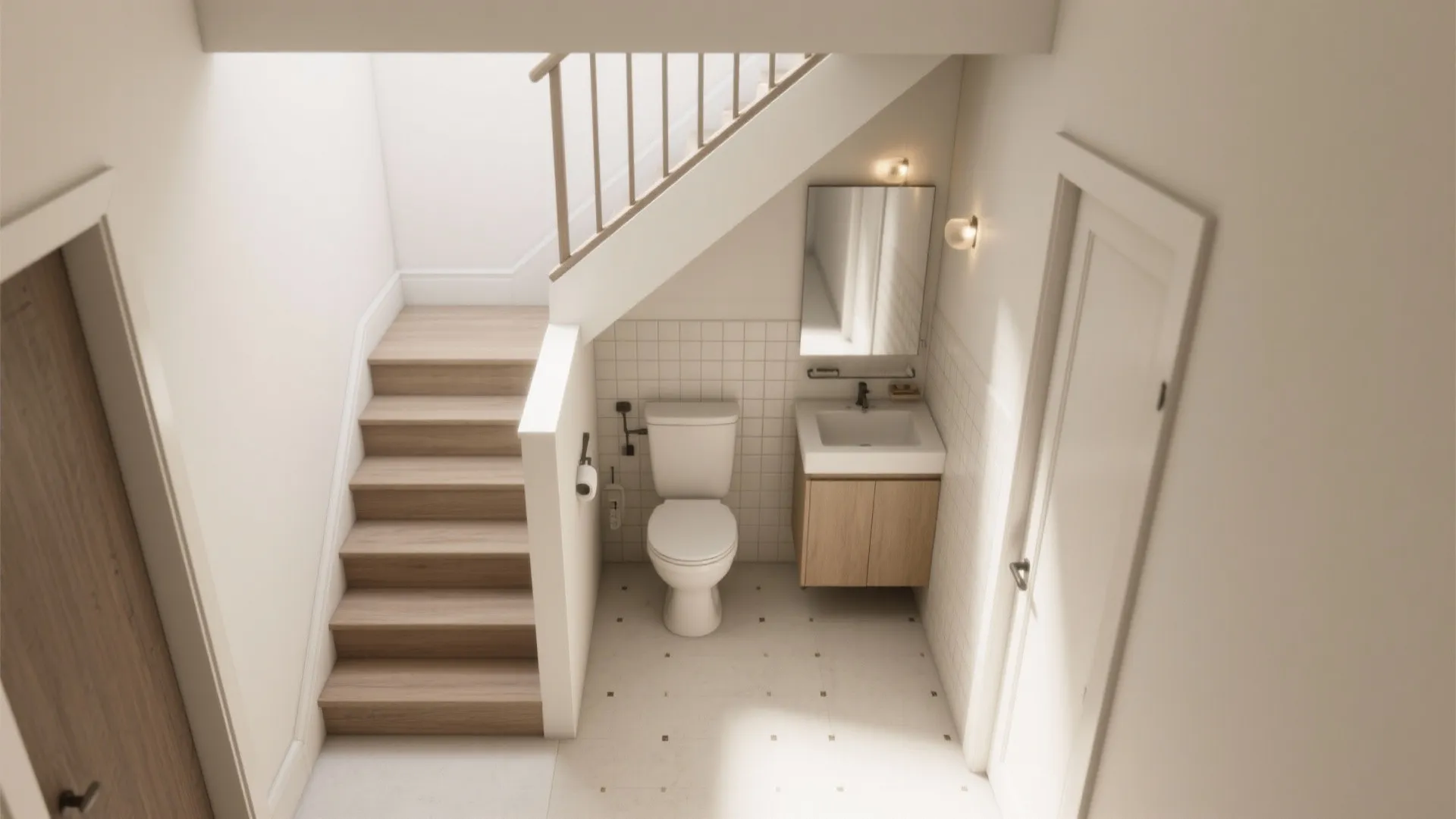 Small bathroom built under wooden stairs featuring white toilet sink and mirror with wall lights