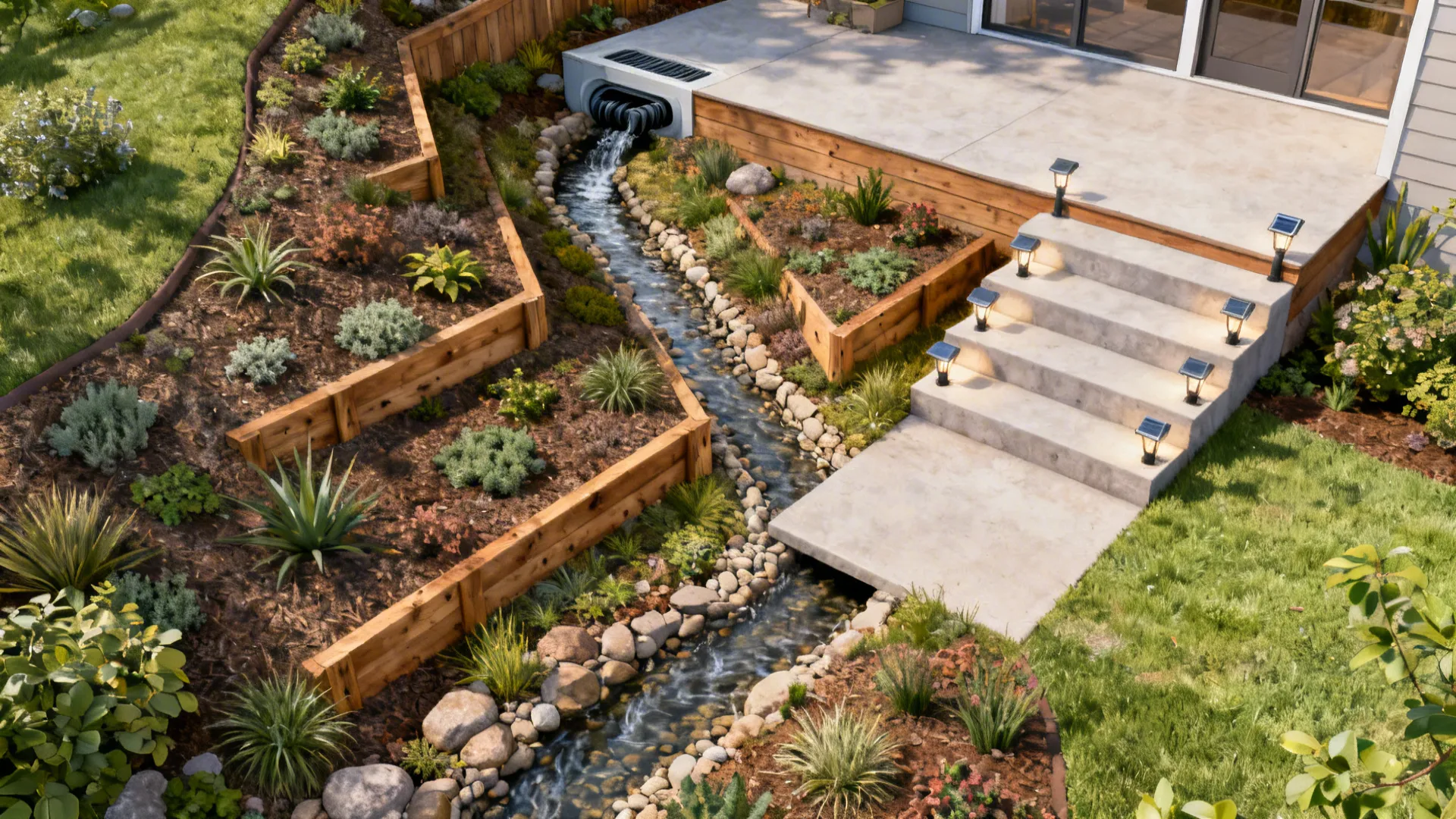 Top-down view of slope solutions including terraces, swale, French drain and solar lights