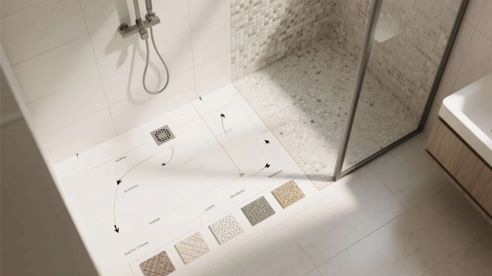 Detailed interior design drawing showing shower floor drainage slopes and various floor tile material options