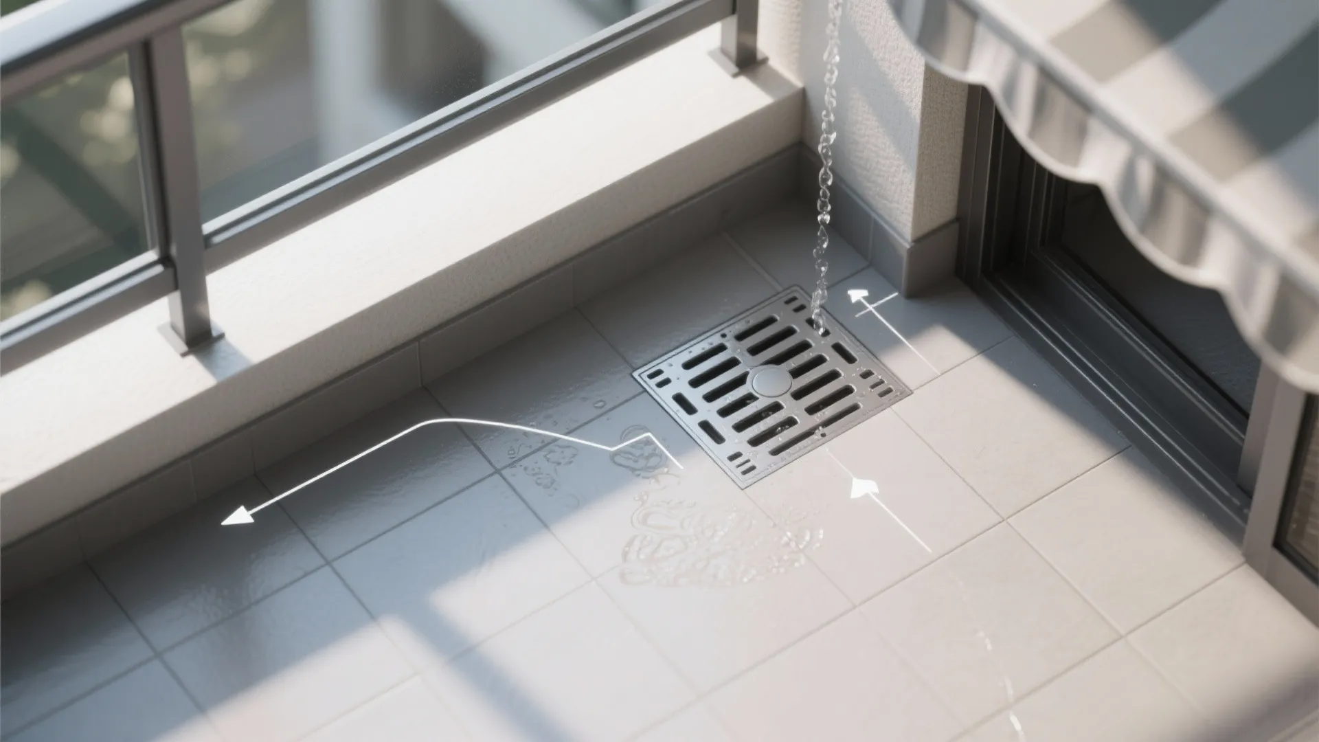 Interior design drawing showing balcony floor slope with arrows pointing toward a square metal drain