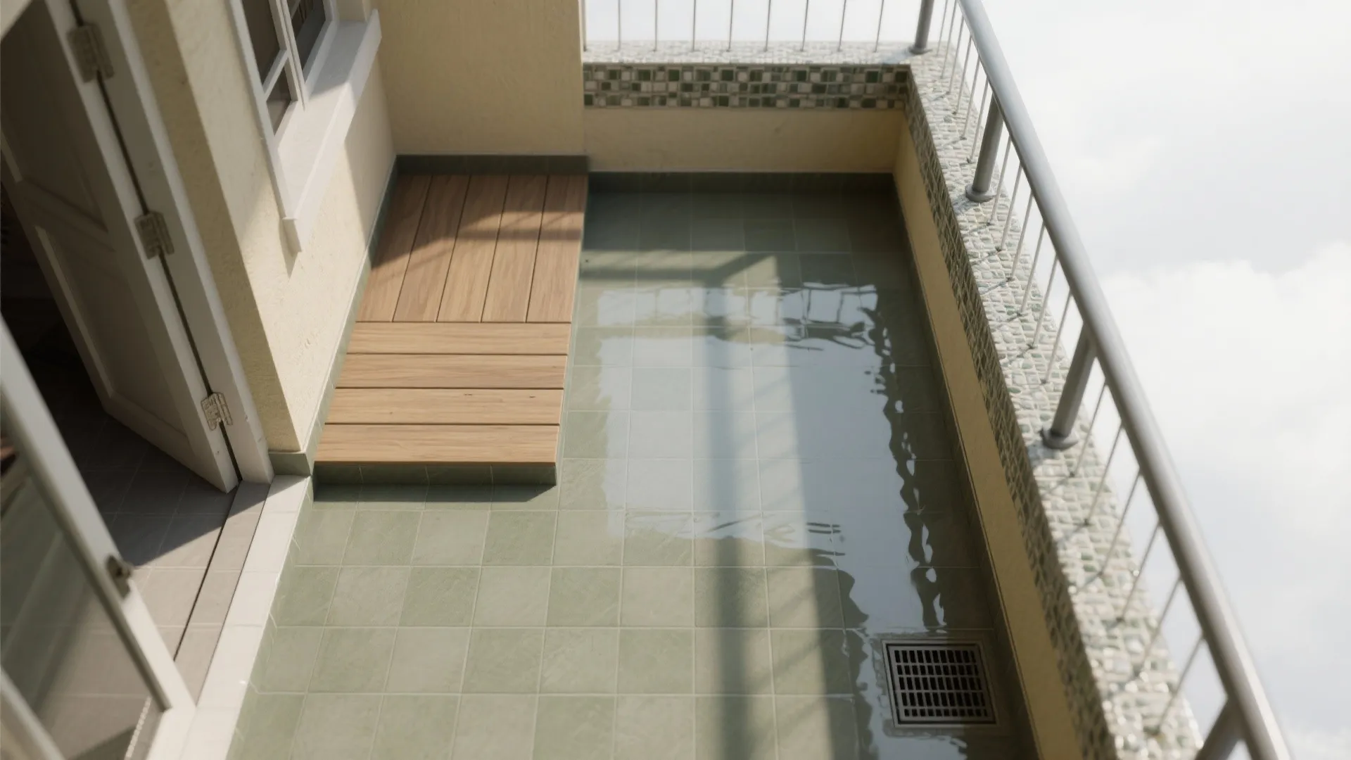 High angle view of a balcony with green floor tiles wood panels and water drainage system