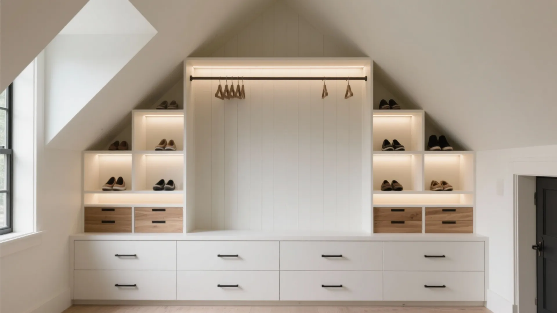 Custom white closet under sloped roof with built-in lights for shoes and a hanging rod