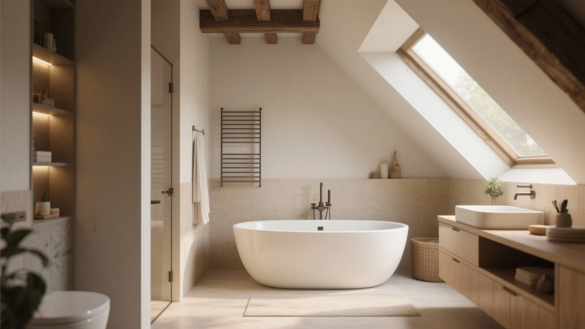 Attic bathroom with white bathtub under roof window featuring wooden beams and modern cabinet storage