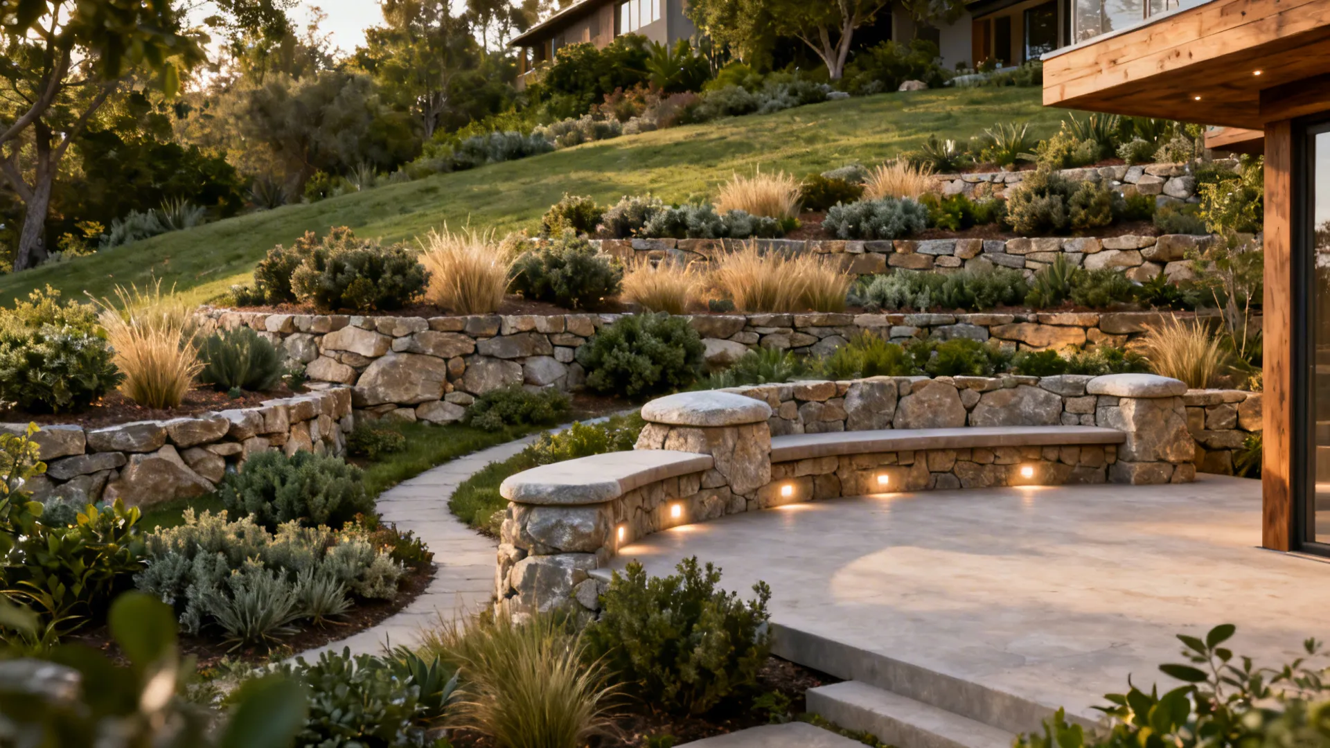 Sloped backyard landscape with stone retaining walls a curved stone bench integrated lights and garden path