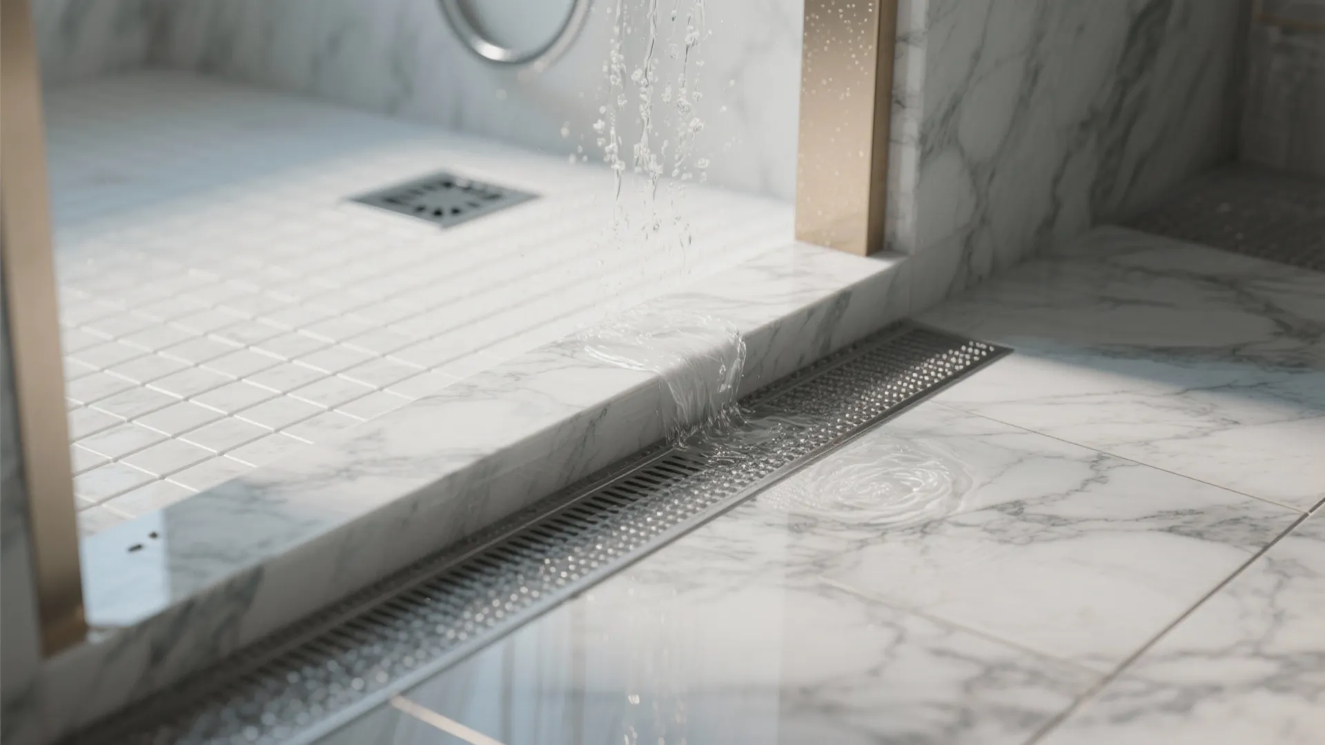Marble bathroom floor with water flowing over a small stone threshold into a metal drain