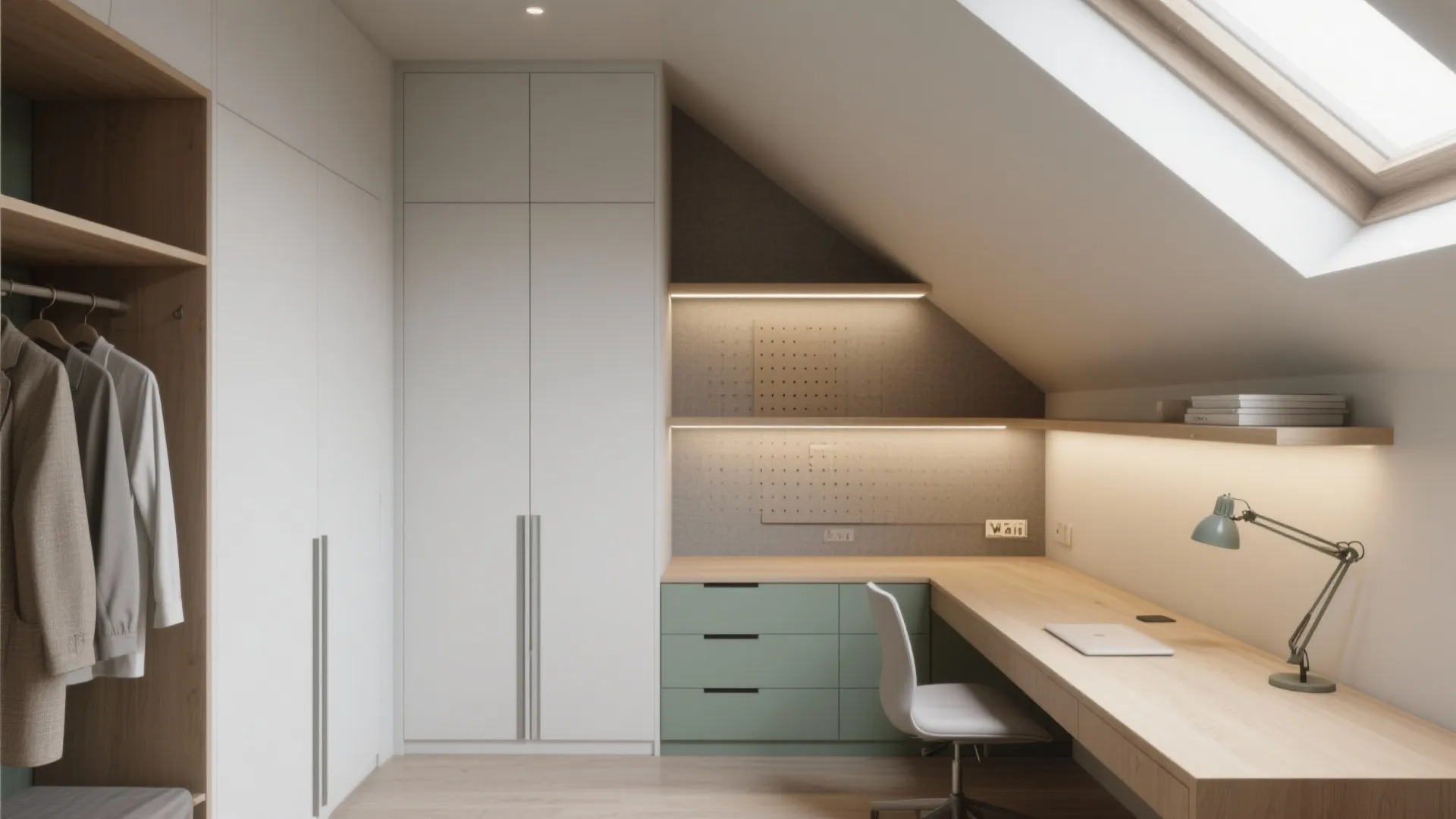 Attic nook with shallow wardrobes along a knee wall and a desk under the slope, lit by linear LEDs for balanced task light.
