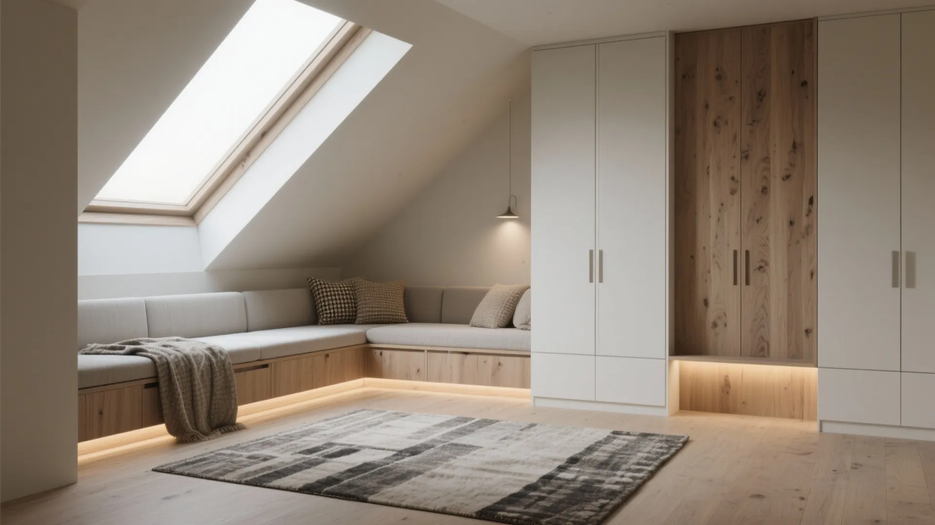 Attic living area with sloped ceiling, roof window, L-shaped sofa, wooden cabinets, and a rug